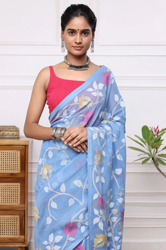 Handloom Sky Blue Soft Cotton Multi Colour Floral Jamdani Saree