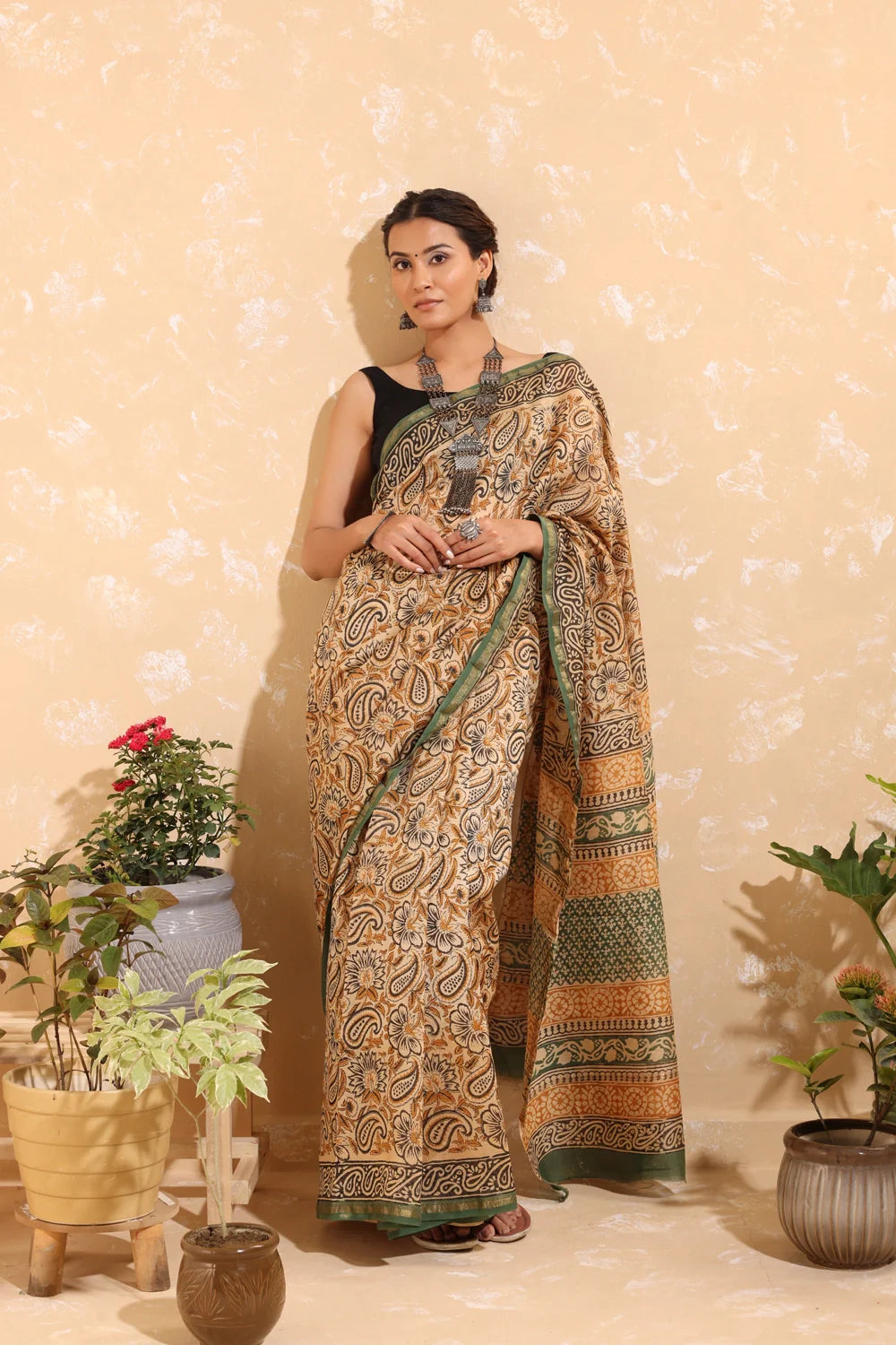 Handloom Clay Brown Block Print Chanderi Cotton Saree With Green Border