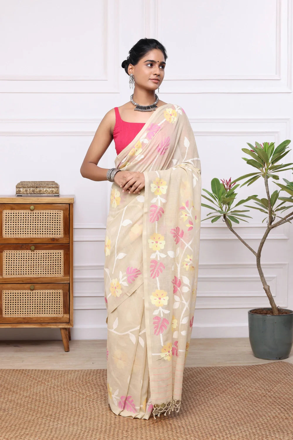 Handloom Dark Cream Soft Cotton Multi Colour Floral Jamdani Saree