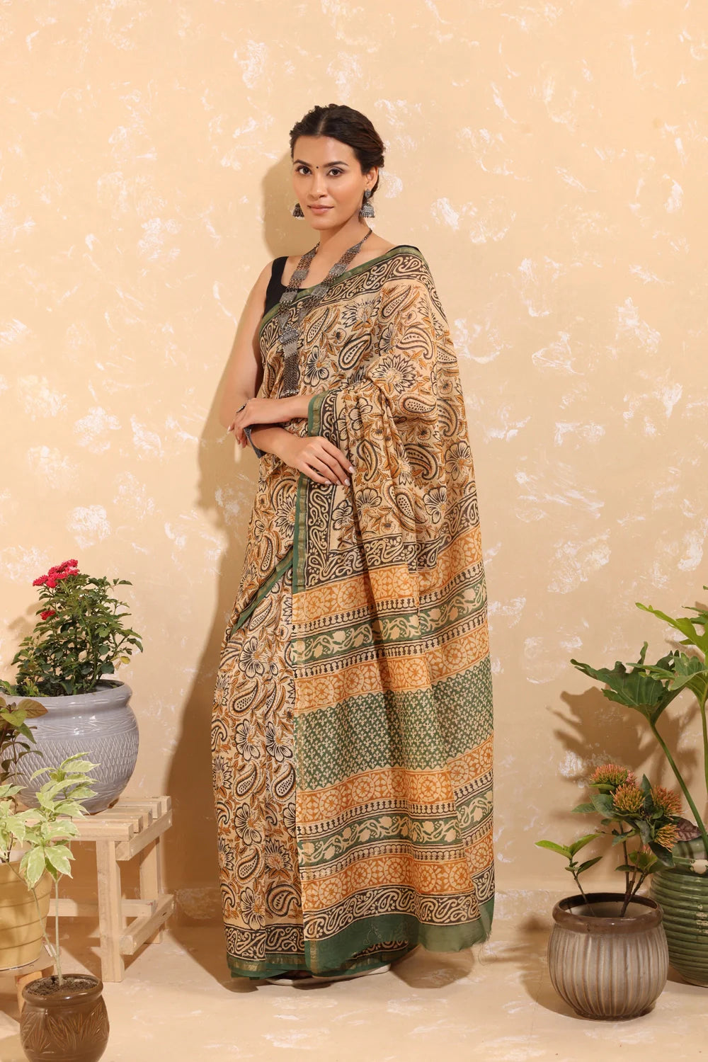 Handloom Clay Brown Block Print Chanderi Cotton Saree With Green Border