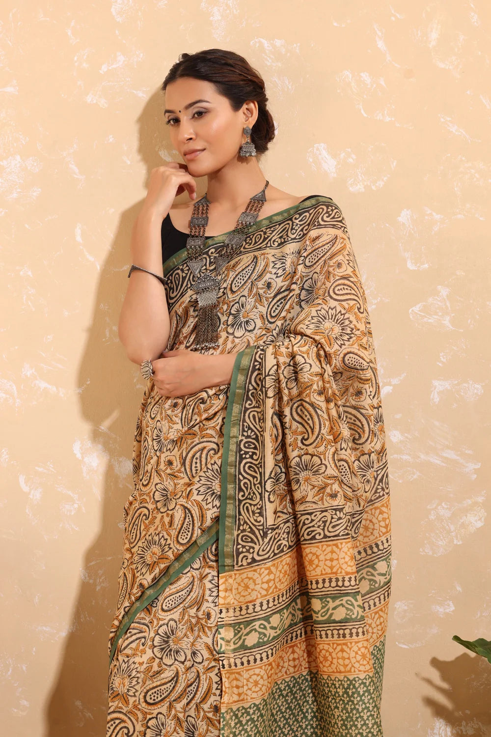 Handloom Clay Brown Block Print Chanderi Cotton Saree With Green Border