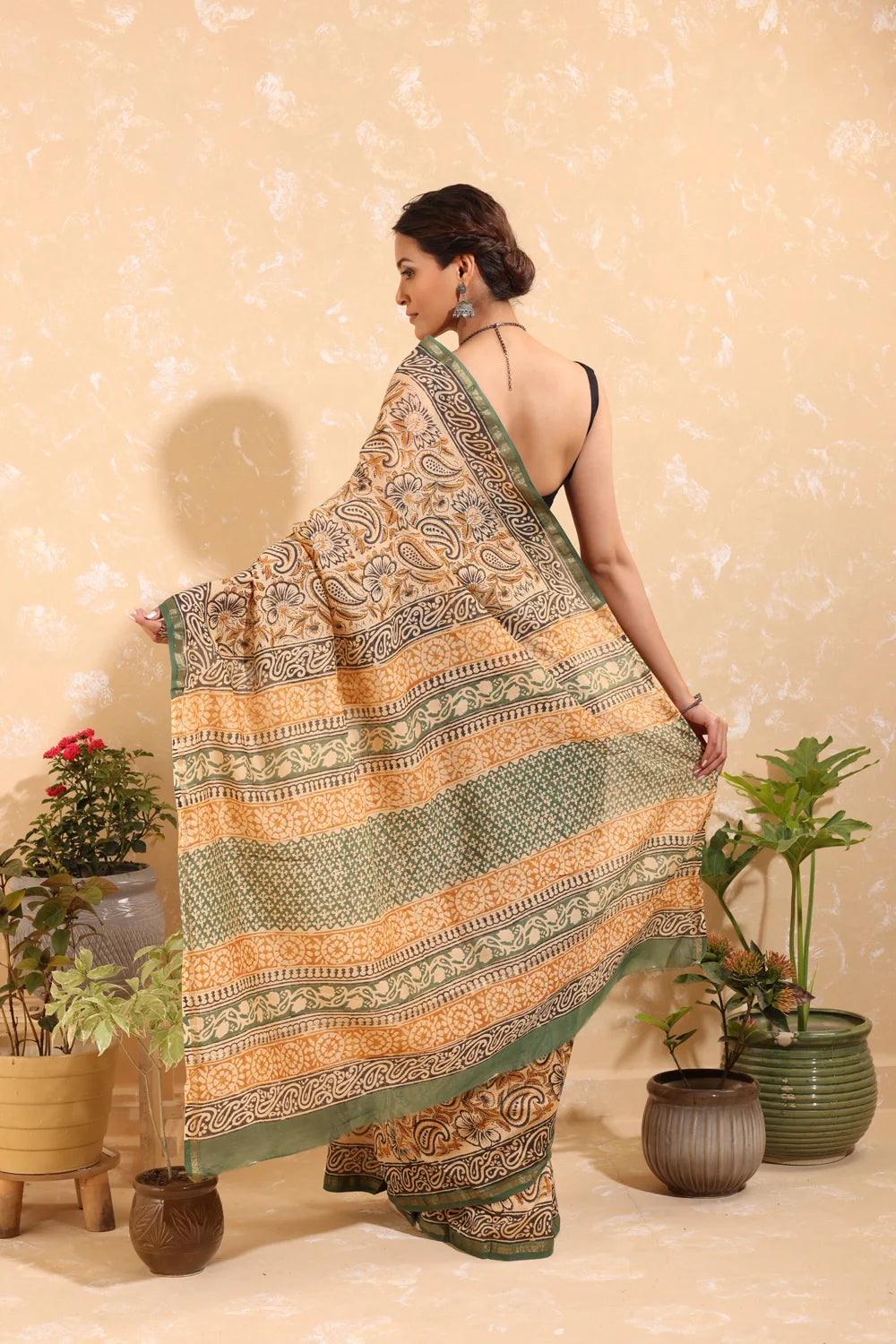 Handloom Clay Brown Block Print Chanderi Cotton Saree With Green Border