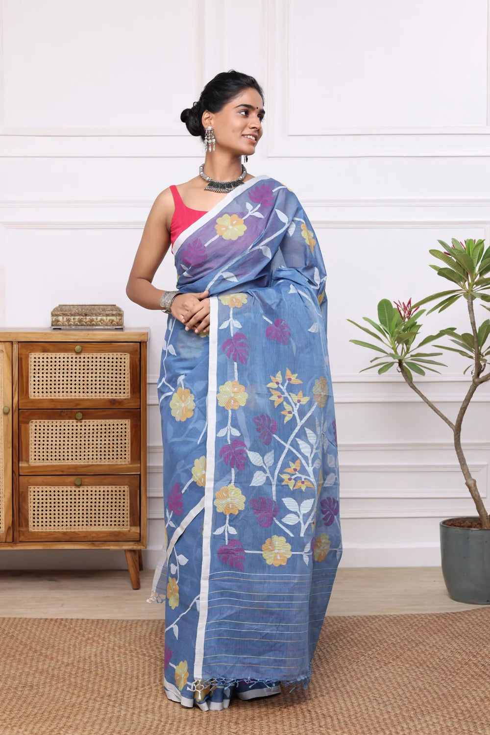 Handloom Blue Pure Cotton Multi Colour Floral Jamdani Saree