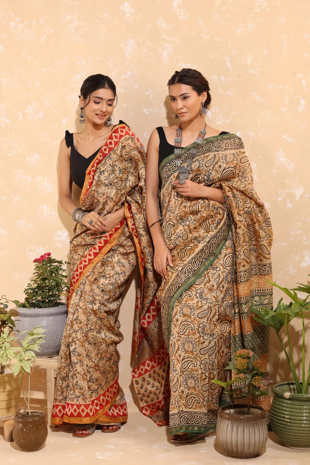 Handloom Almond Brown Block Print Chanderi Cotton Saree