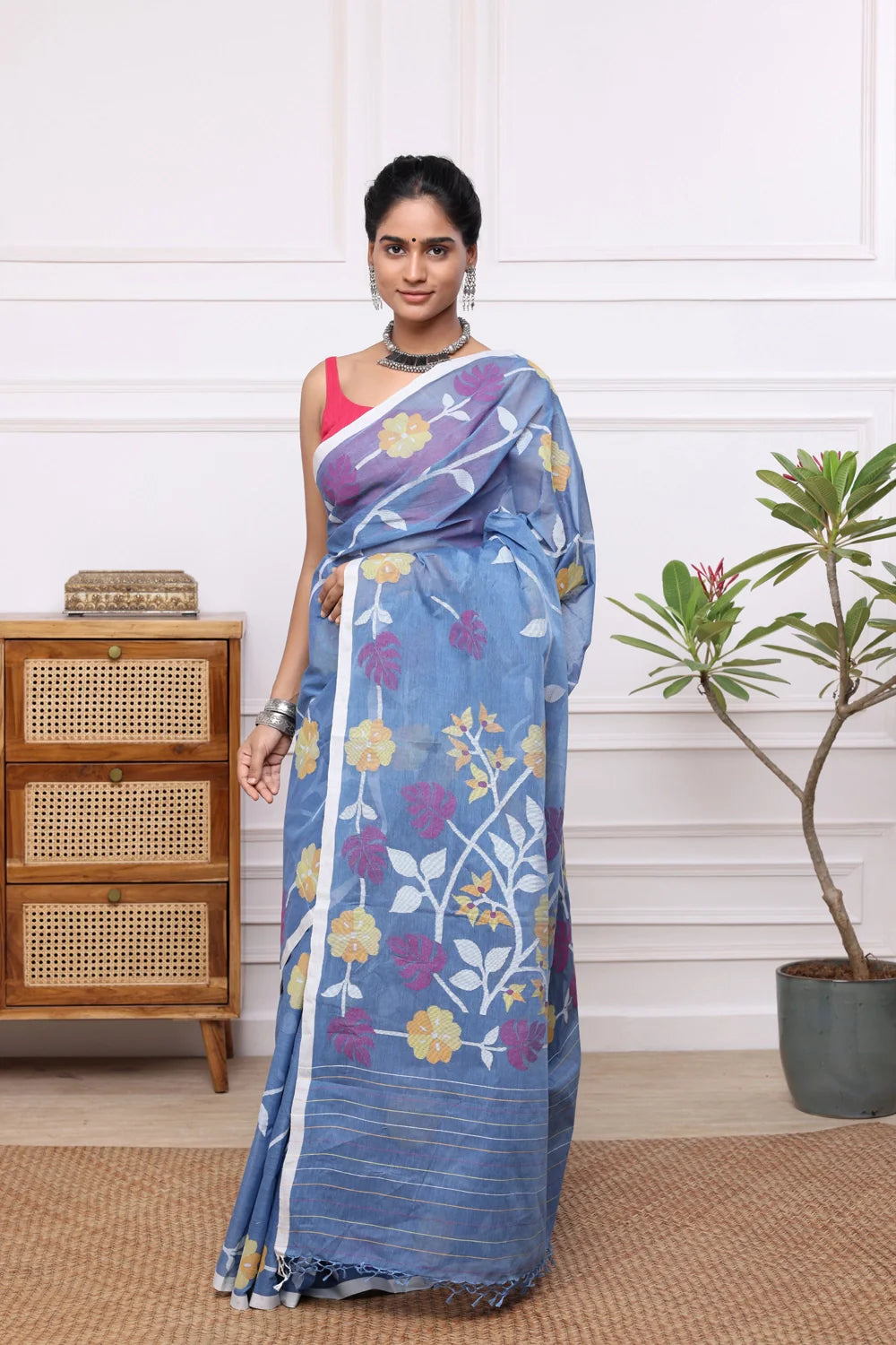 Handloom Blue Pure Cotton Multi Colour Floral Jamdani Saree