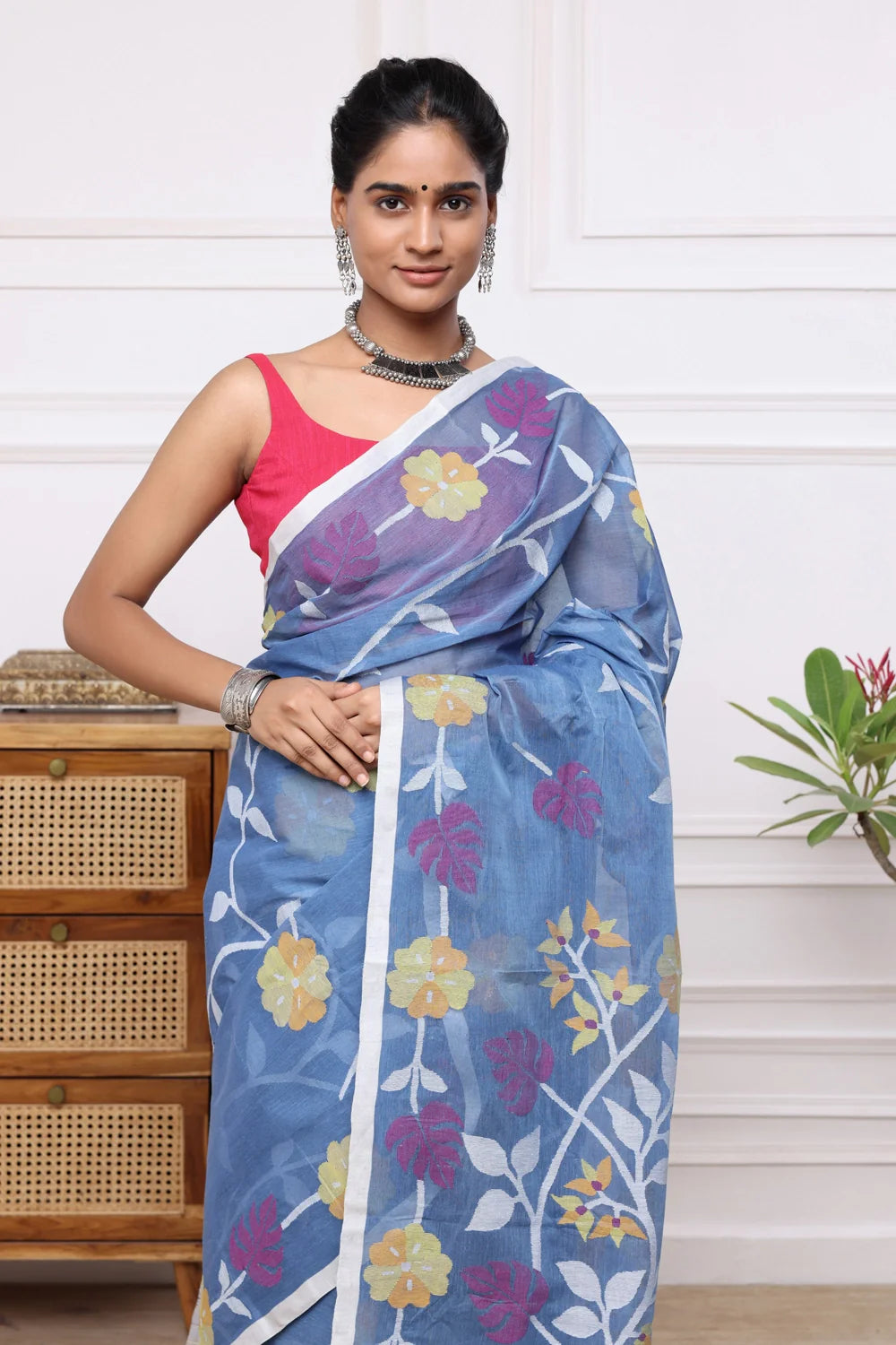 Handloom Blue Pure Cotton Multi Colour Floral Jamdani Saree