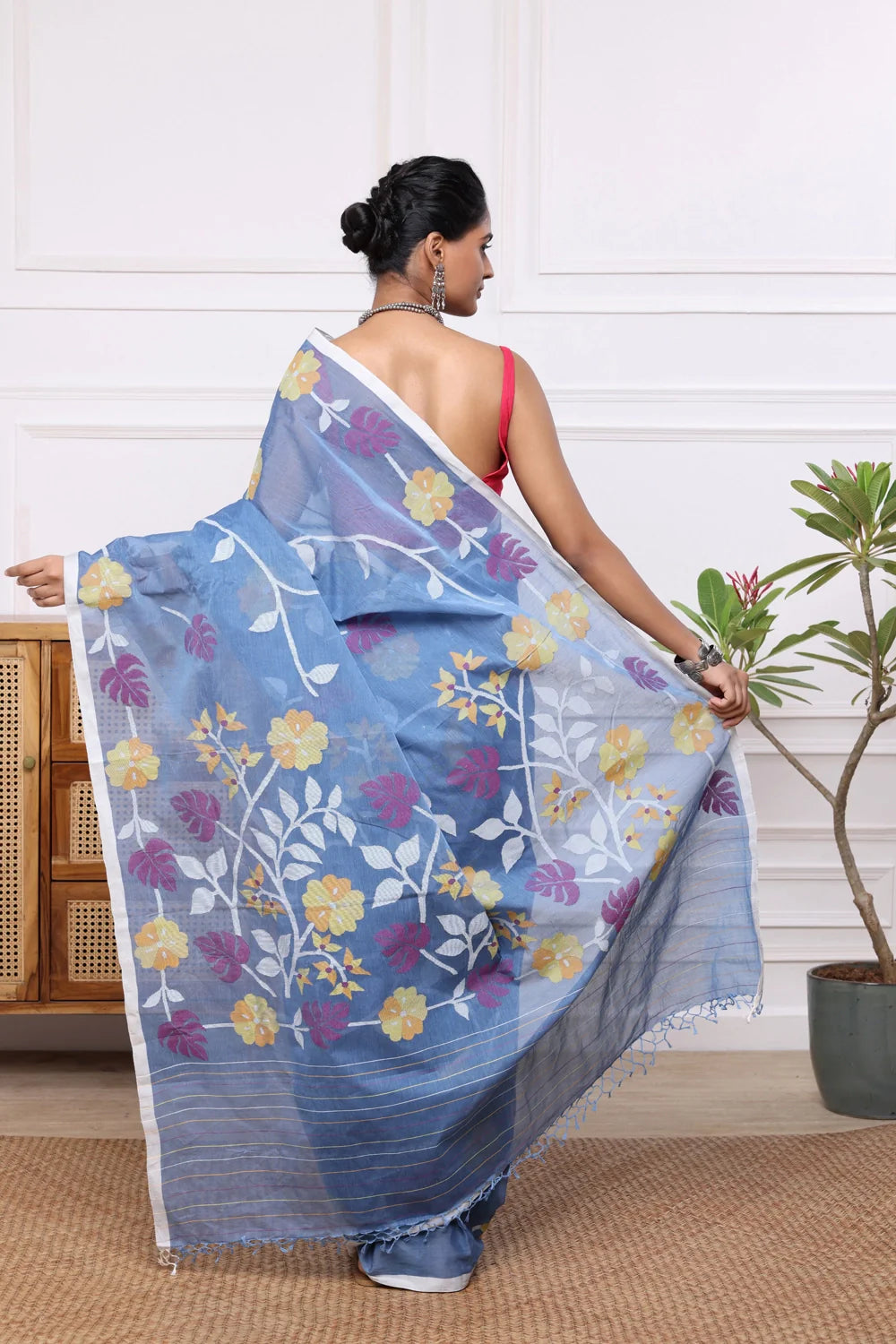 Handloom Blue Pure Cotton Multi Colour Floral Jamdani Saree