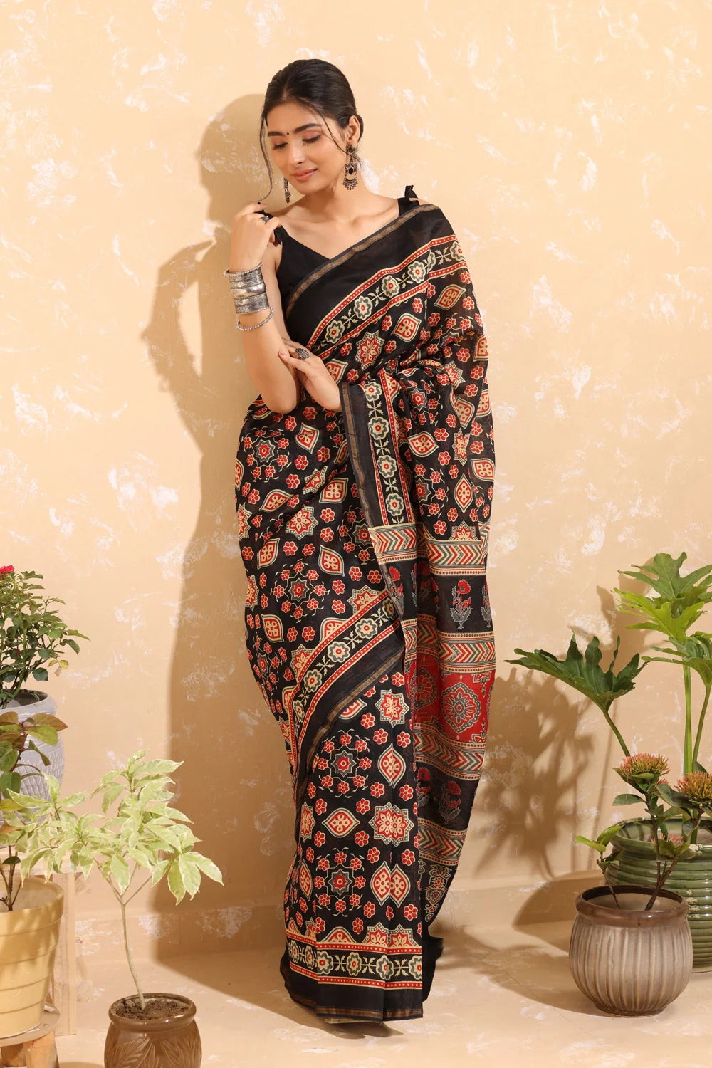 Handloom Black & Red  Block Print Chanderi Cotton Saree