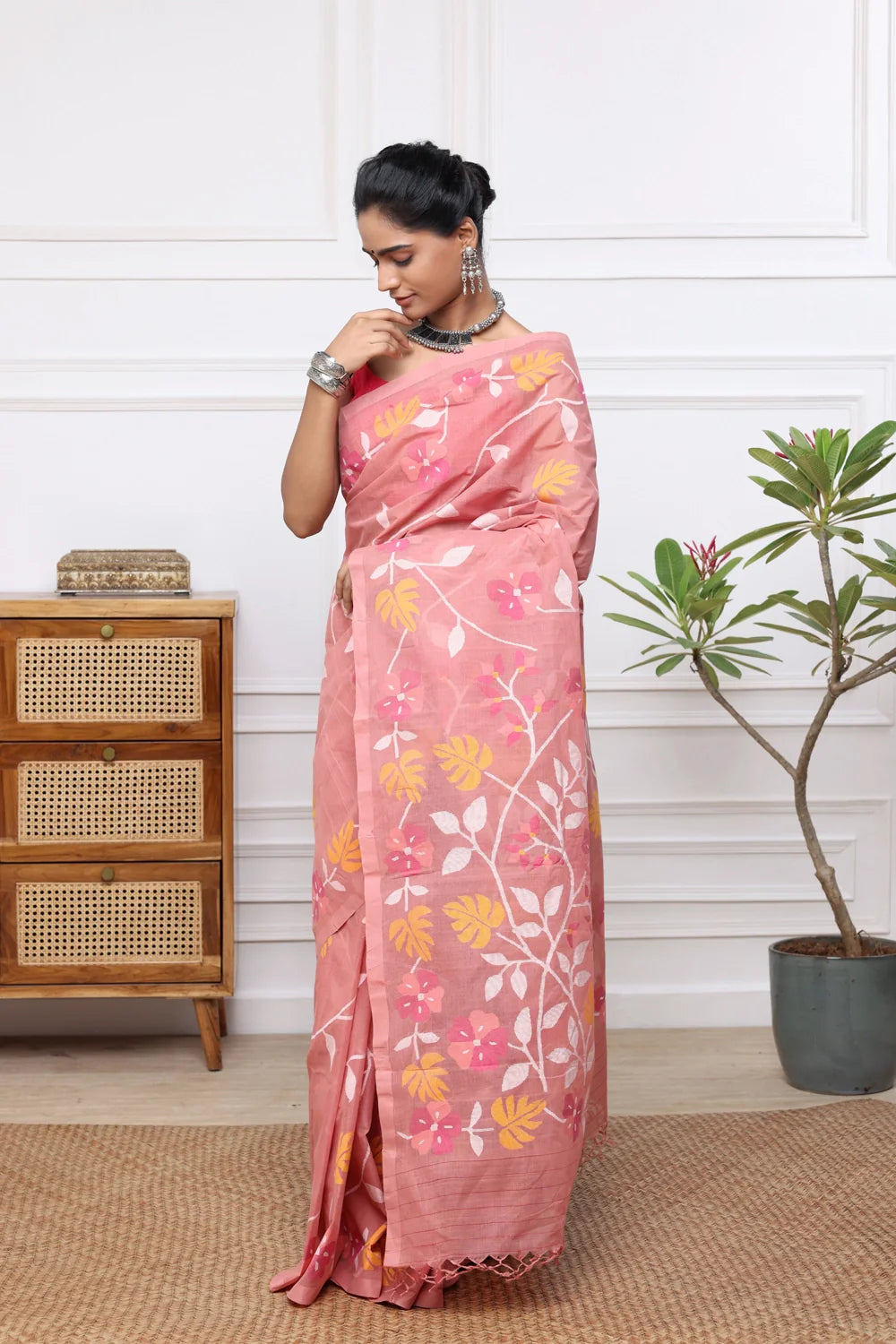 Handloom Coral Pink Pure Cotton Multi Colour Floral Jamdani Saree