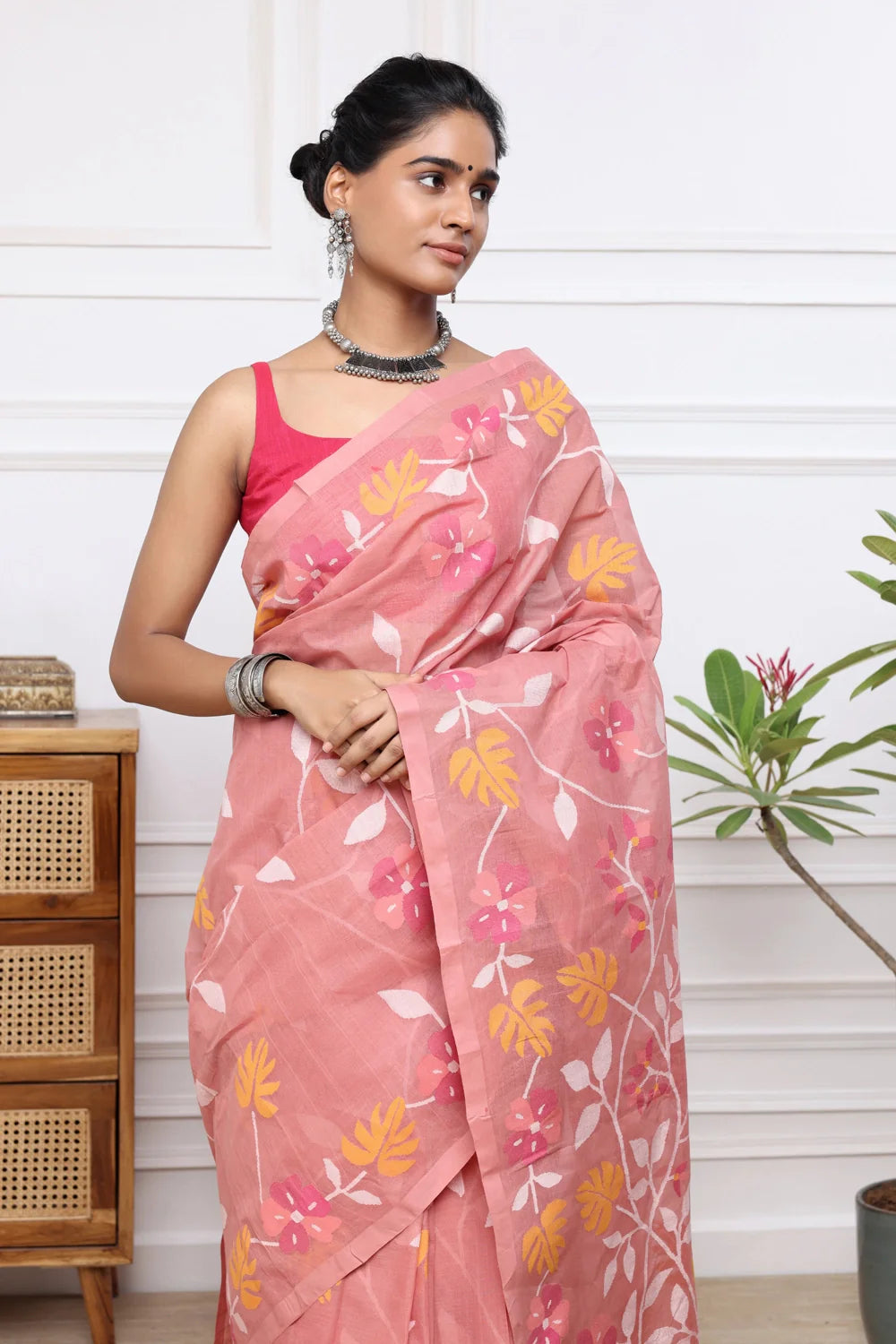 Handloom Coral Pink Pure Cotton Multi Colour Floral Jamdani Saree