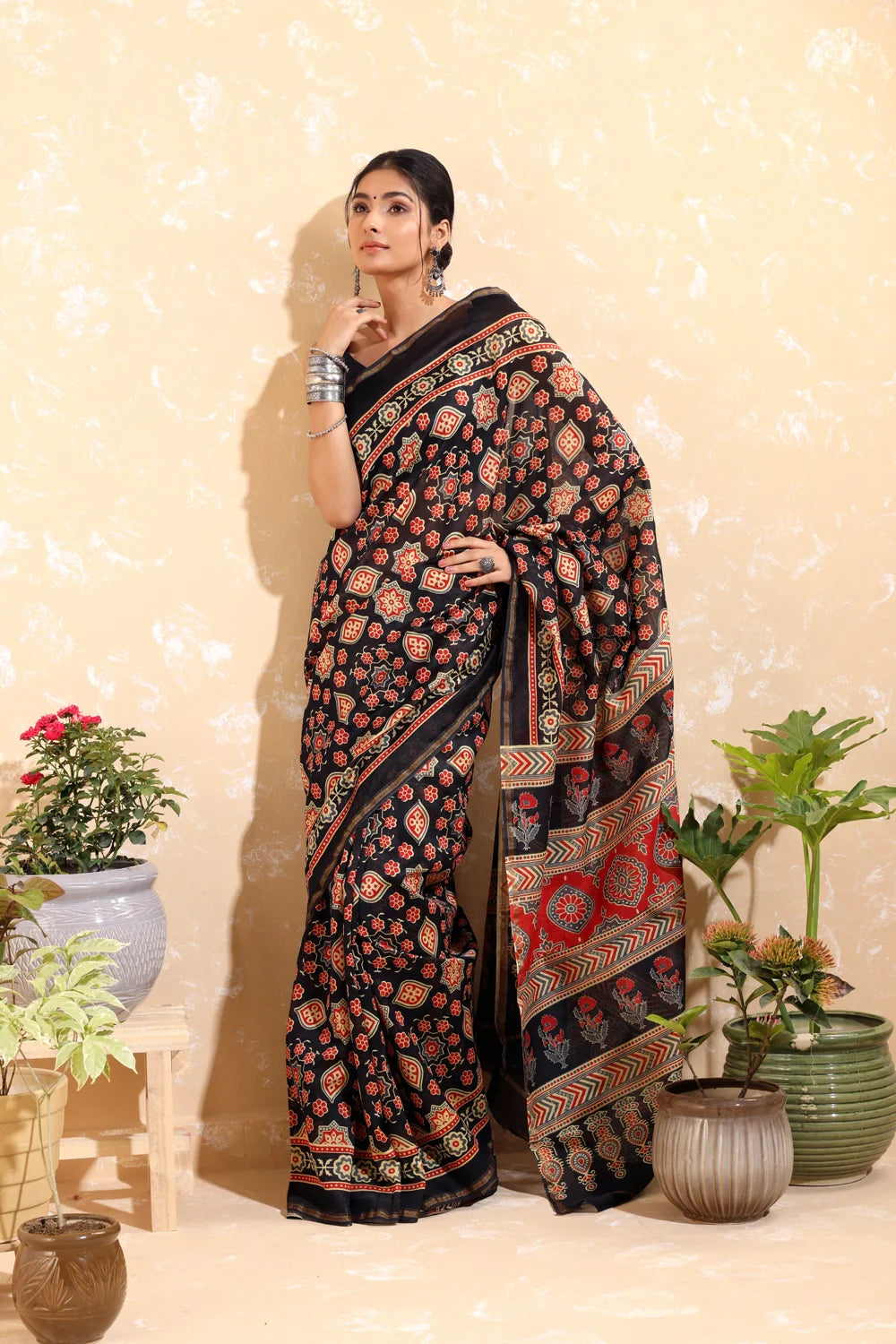 Handloom Black & Red  Block Print Chanderi Cotton Saree