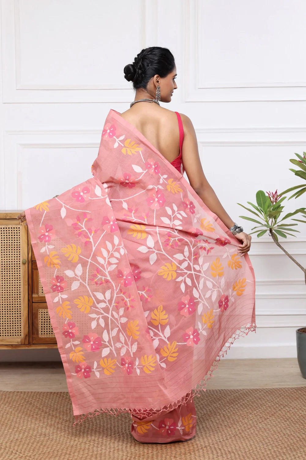 Handloom Coral Pink Pure Cotton Multi Colour Floral Jamdani Saree