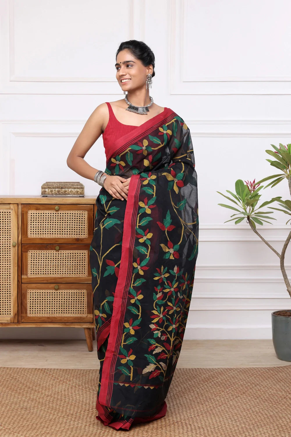 Handloom Black Pure Cotton Multi Colour Floral Jamdani Saree