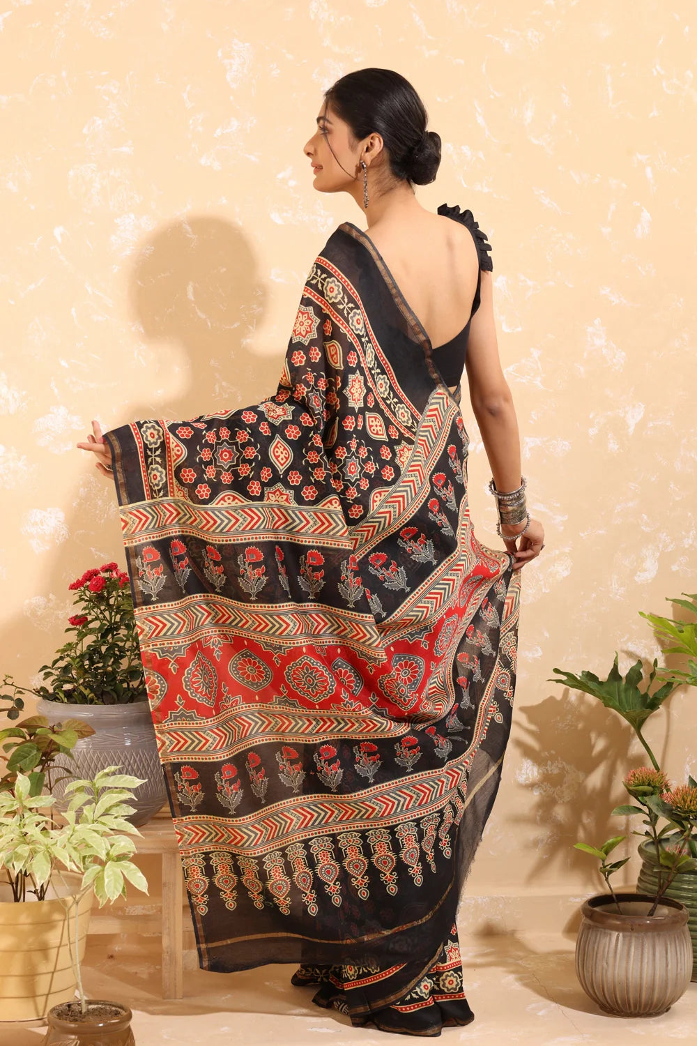 Handloom Black & Red  Block Print Chanderi Cotton Saree