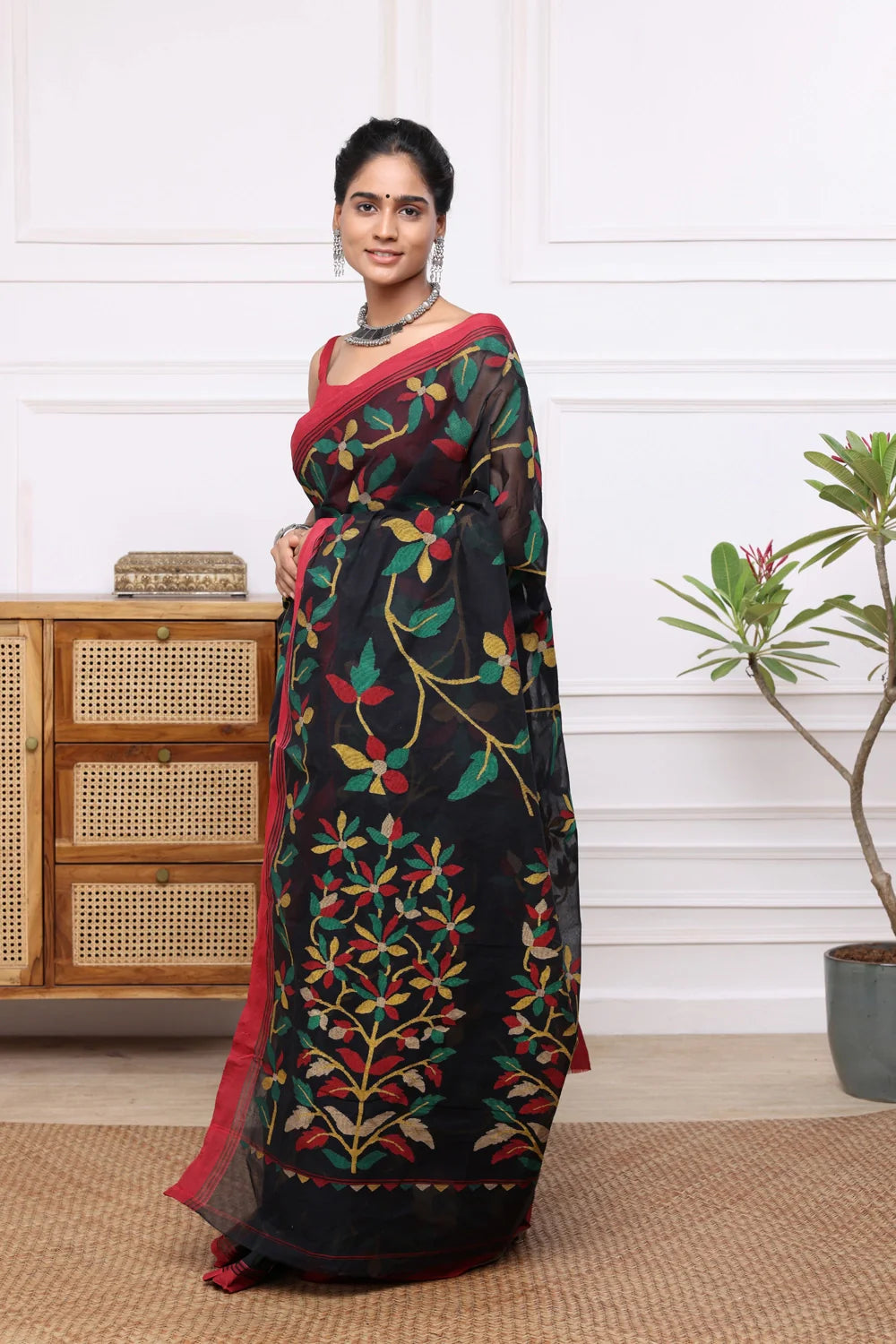 Handloom Black Pure Cotton Multi Colour Floral Jamdani Saree