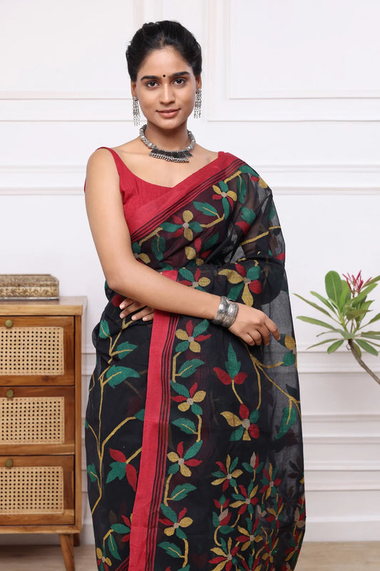 Handloom Black Pure Cotton Multi Colour Floral Jamdani Saree