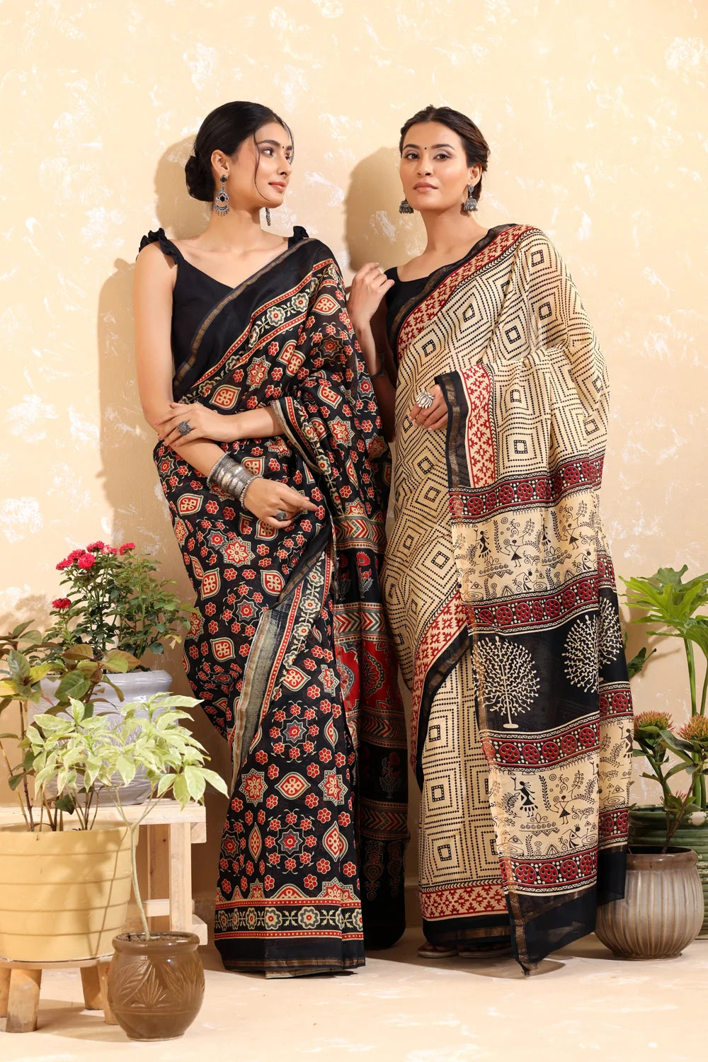 Handloom Black & Red  Block Print Chanderi Cotton Saree