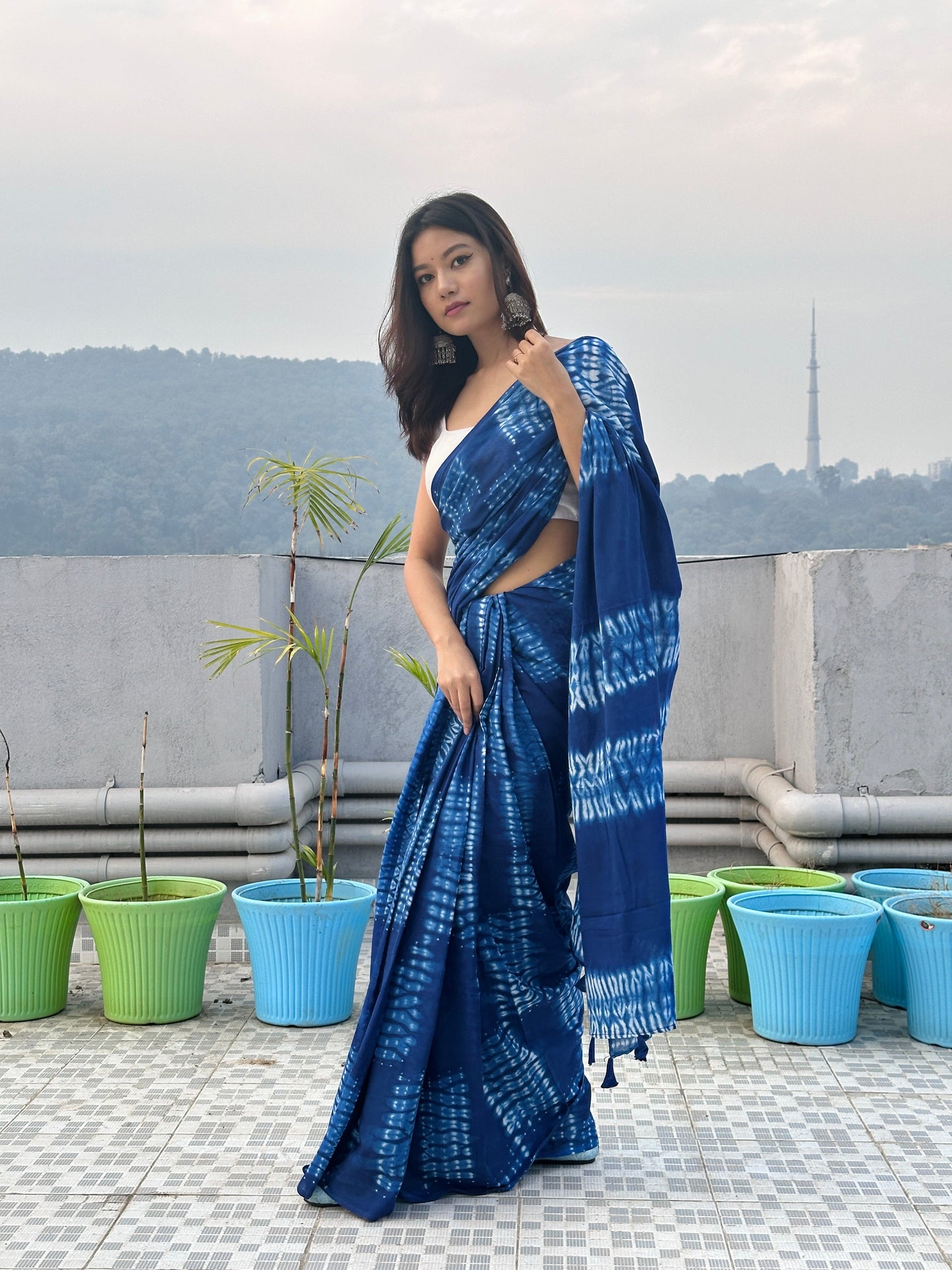 Neer - Tie & Dye Shibori Print Natural Dyed - Navy Blue Mulmul Cotton Saree