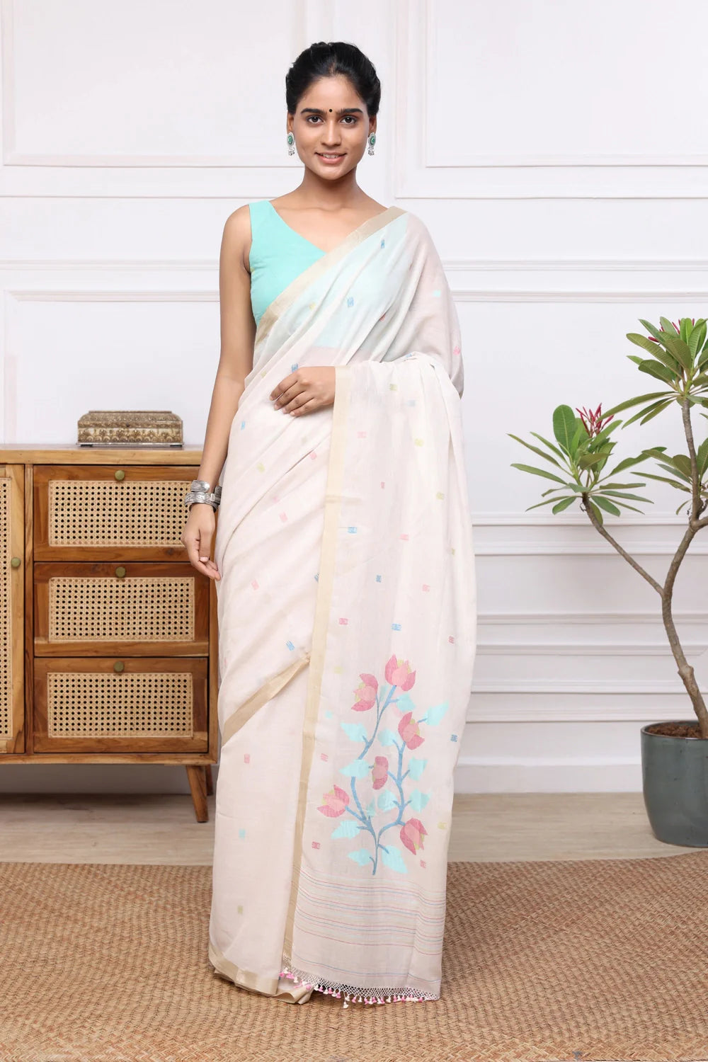 Handloom Beige Soft Cotton Jamdani Saree with Multi Colour Floral Motifs