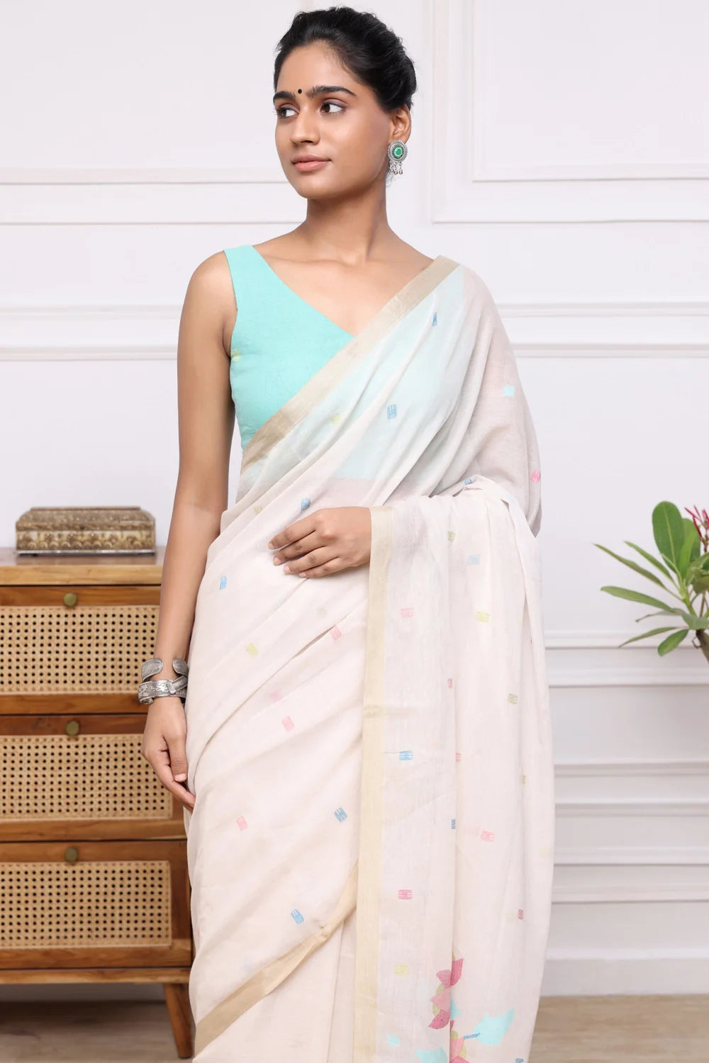 Handloom Beige Soft Cotton Jamdani Saree with Multi Colour Floral Motifs