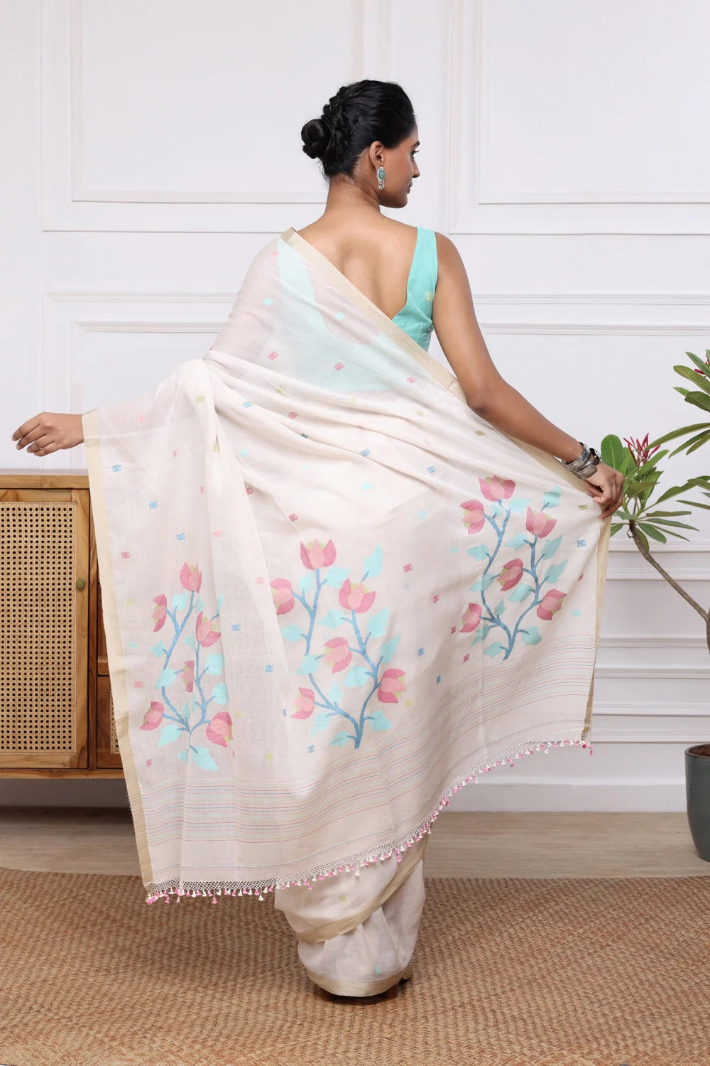 Handloom Beige Soft Cotton Jamdani Saree with Multi Colour Floral Motifs