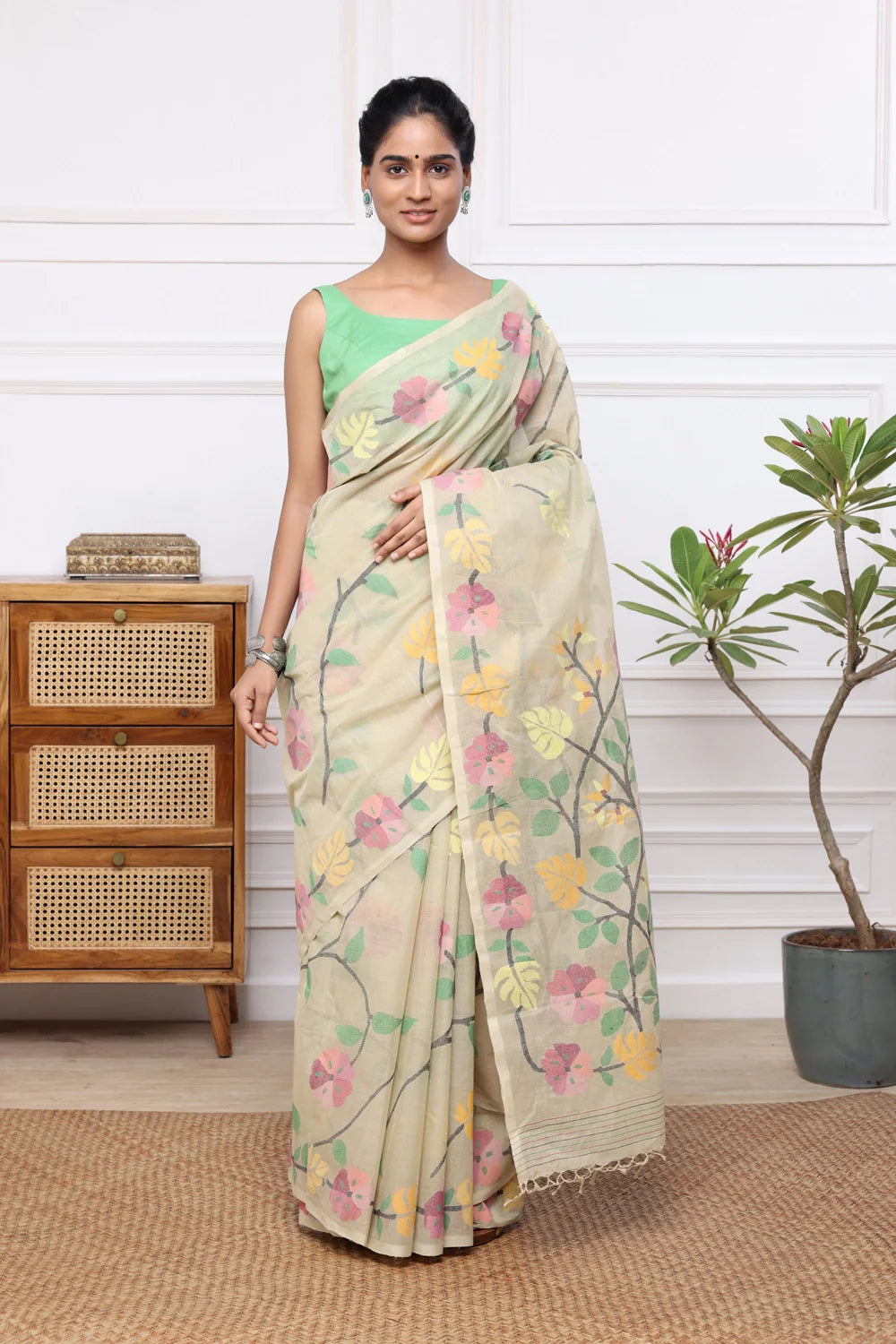 Handloom Beige Pure Cotton Multi Colour Floral Jamdani