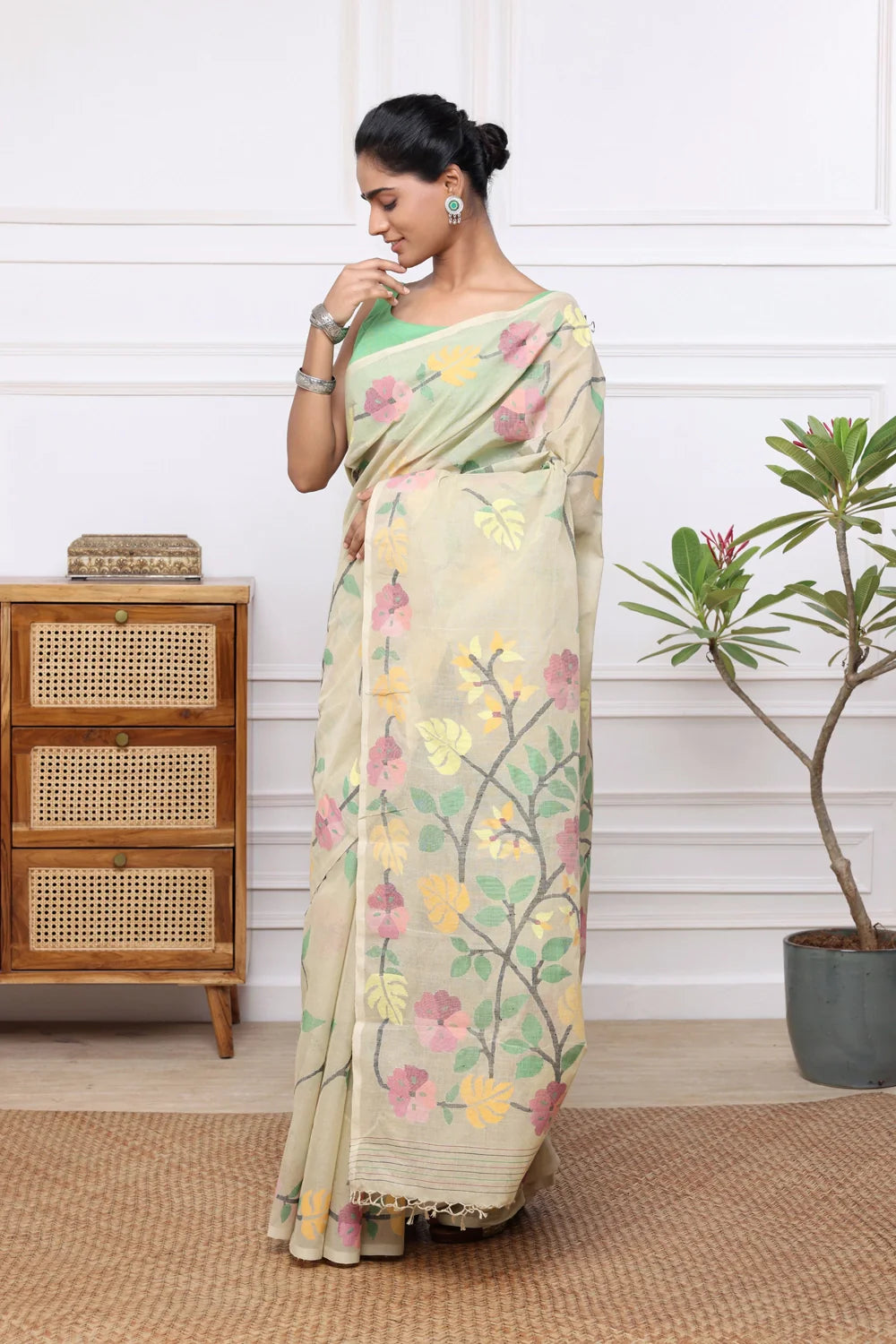 Handloom Beige Pure Cotton Multi Colour Floral Jamdani