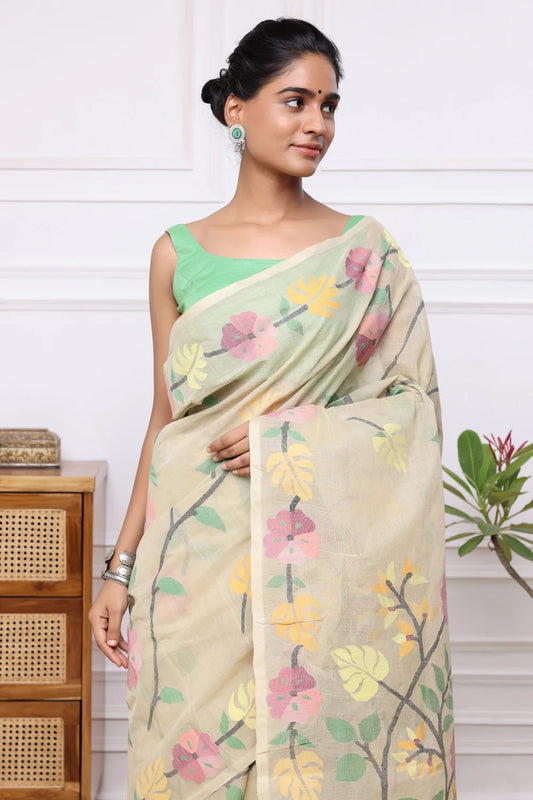 Handloom Beige Pure Cotton Multi Colour Floral Jamdani