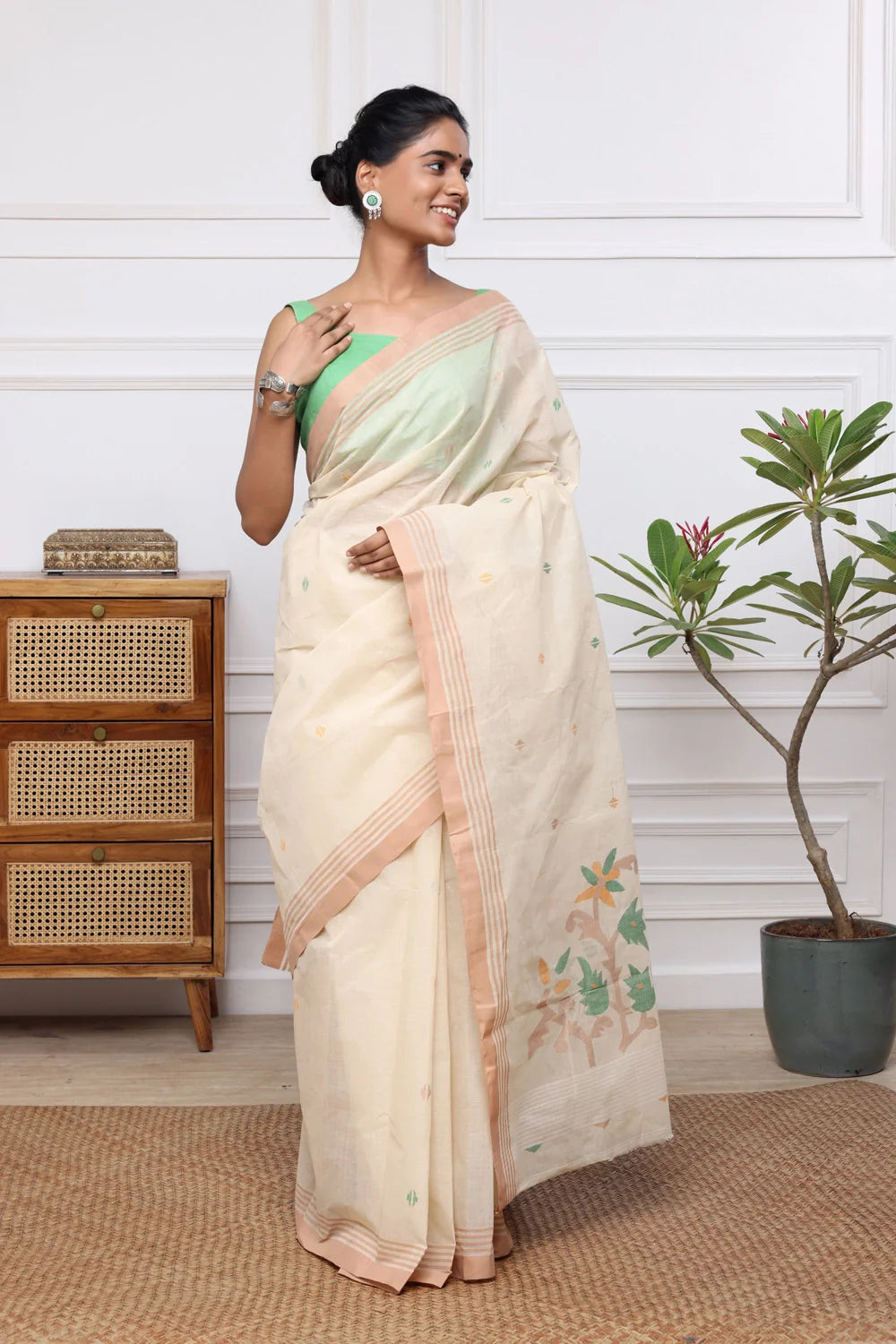 Handloom Beige Pure Cotton Jamdani Saree with Multi Colour Floral Motifs