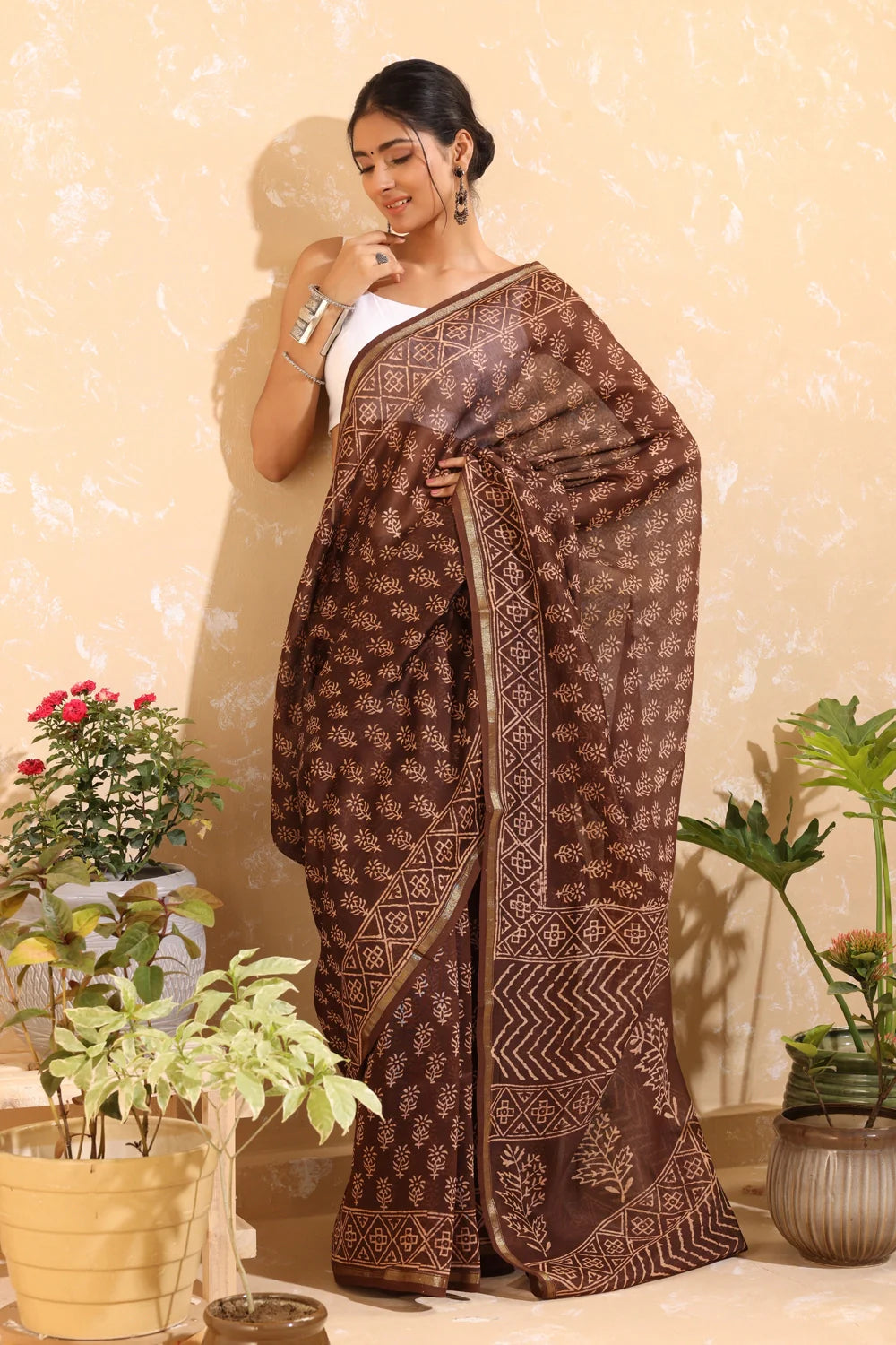 Handloom Coffee Brown Block Print Chanderi Cotton Saree