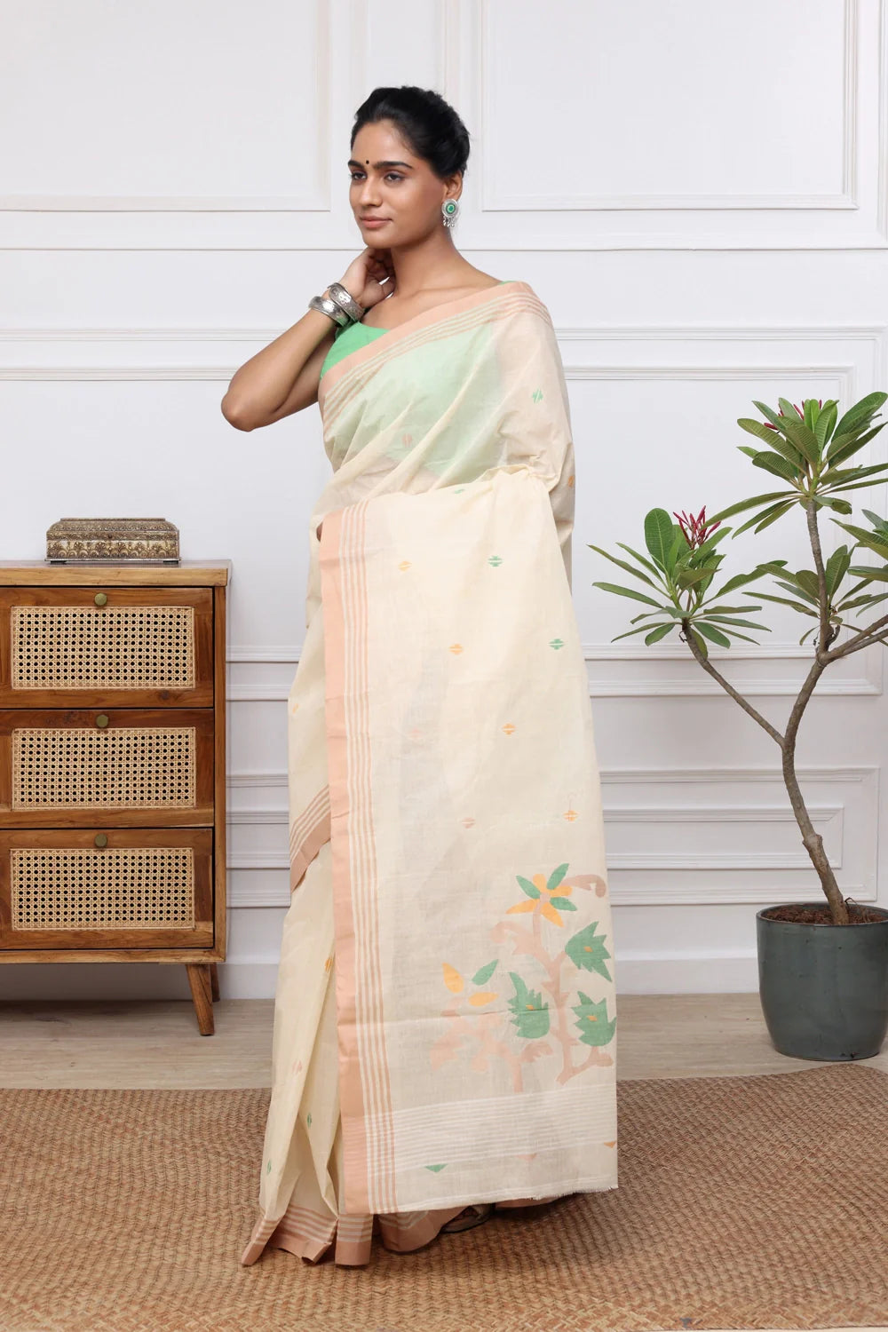 Handloom Beige Pure Cotton Jamdani Saree with Multi Colour Floral Motifs