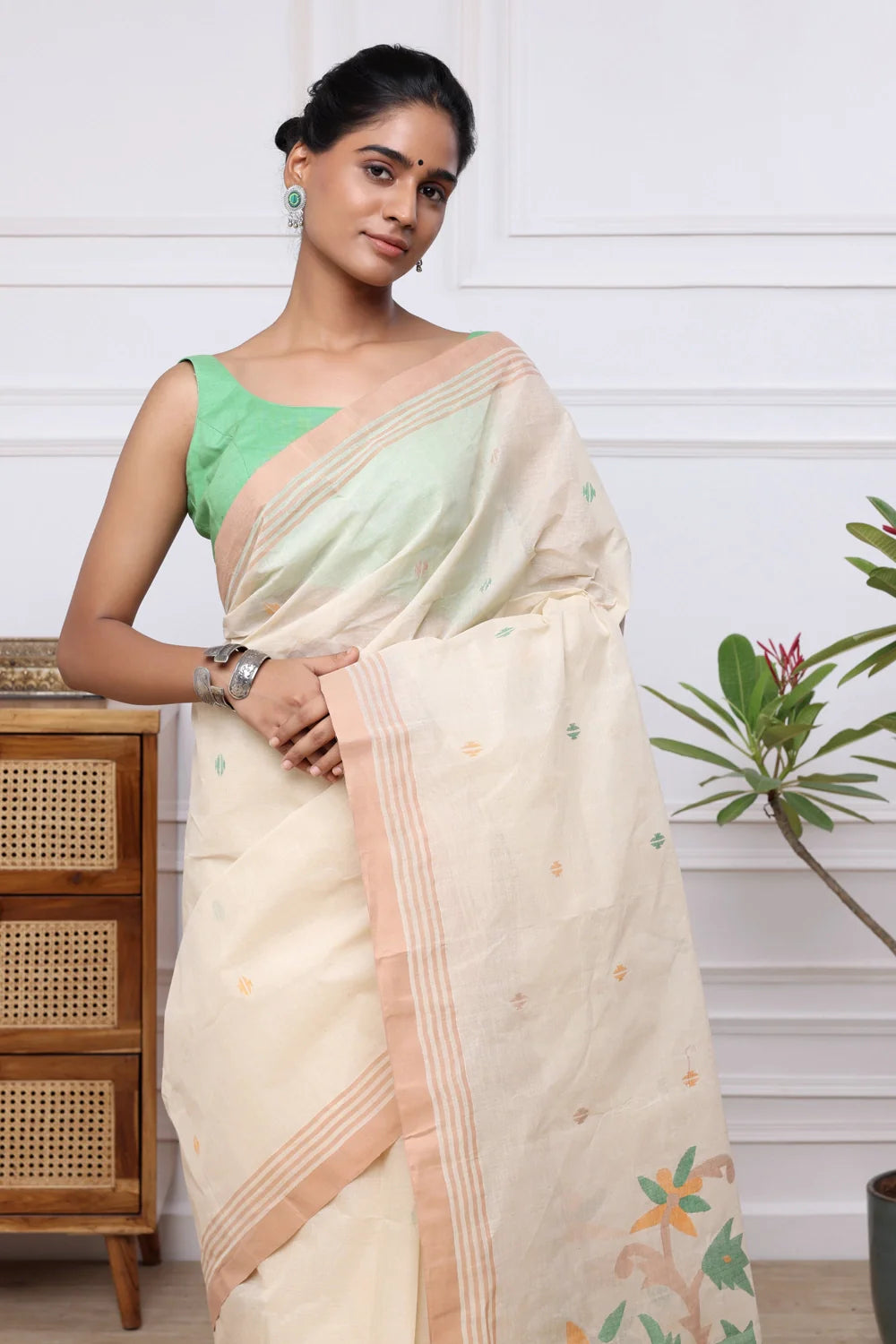 Handloom Beige Pure Cotton Jamdani Saree with Multi Colour Floral Motifs