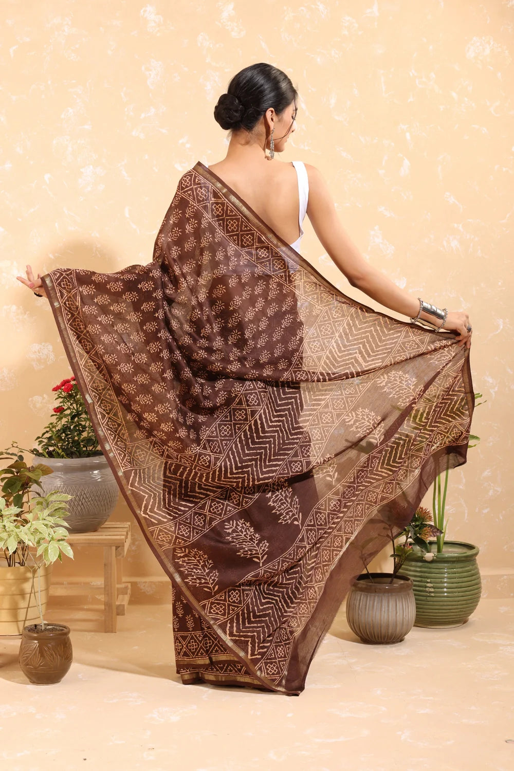 Handloom Coffee Brown Block Print Chanderi Cotton Saree