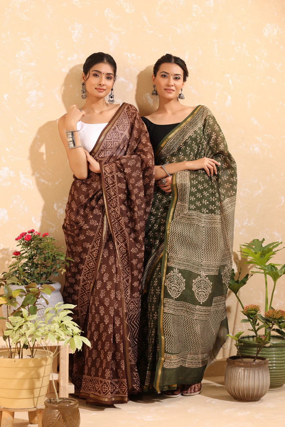 Handloom Coffee Brown Block Print Chanderi Cotton Saree