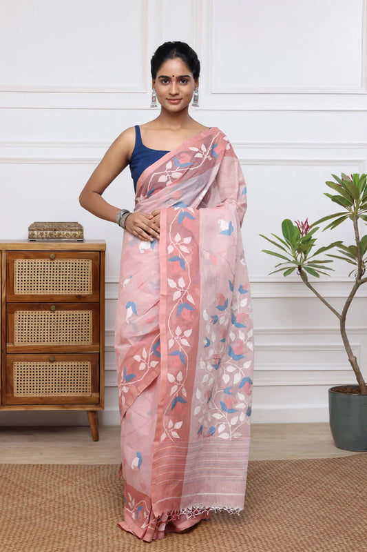 Handloom Rose Pink Pure Cotton Multi Colour Floral Jamdani