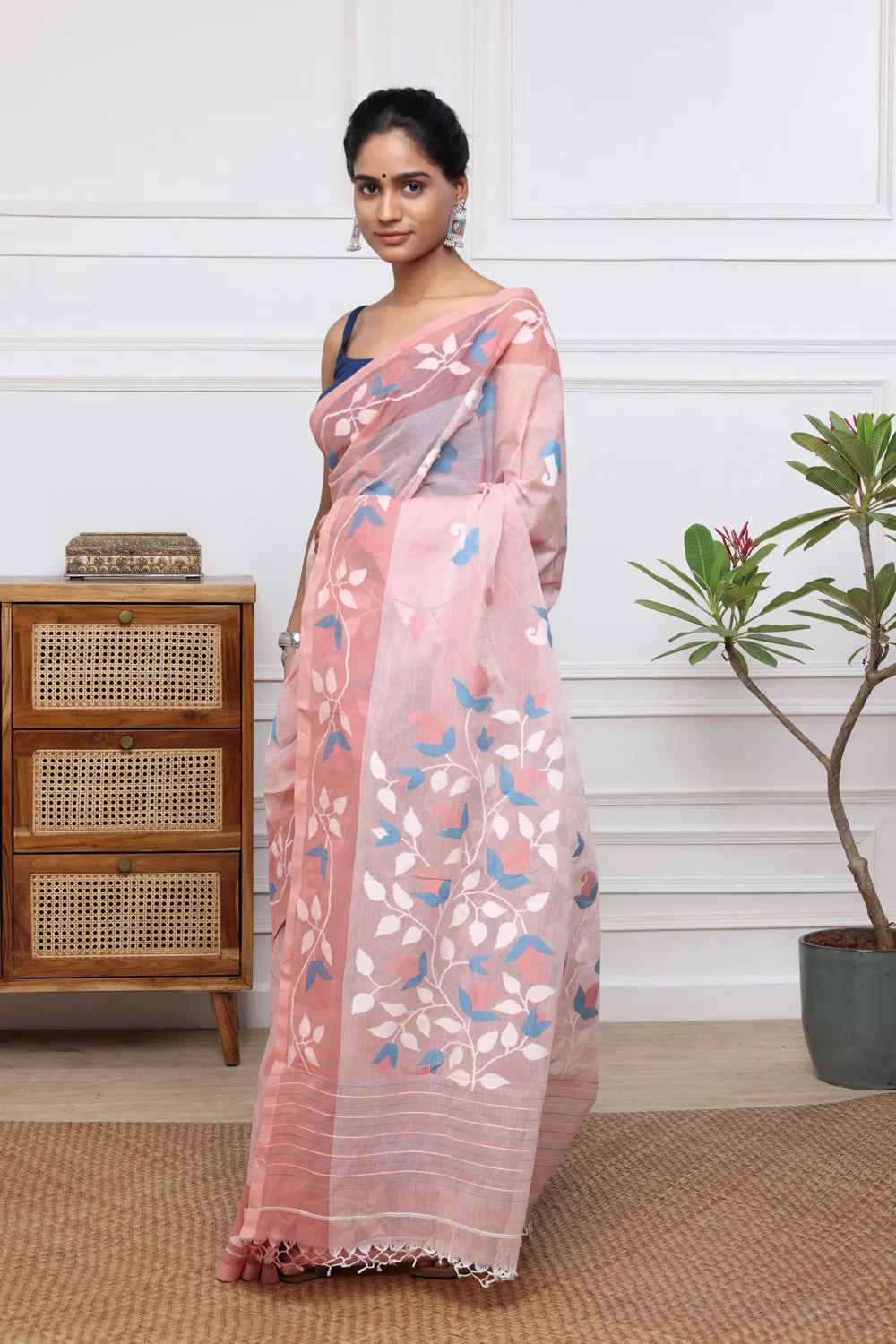 Handloom Rose Pink Pure Cotton Multi Colour Floral Jamdani