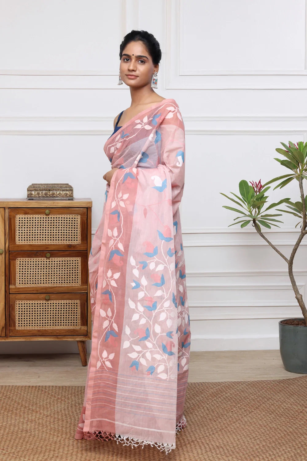 Handloom Rose Pink Pure Cotton Multi Colour Floral Jamdani