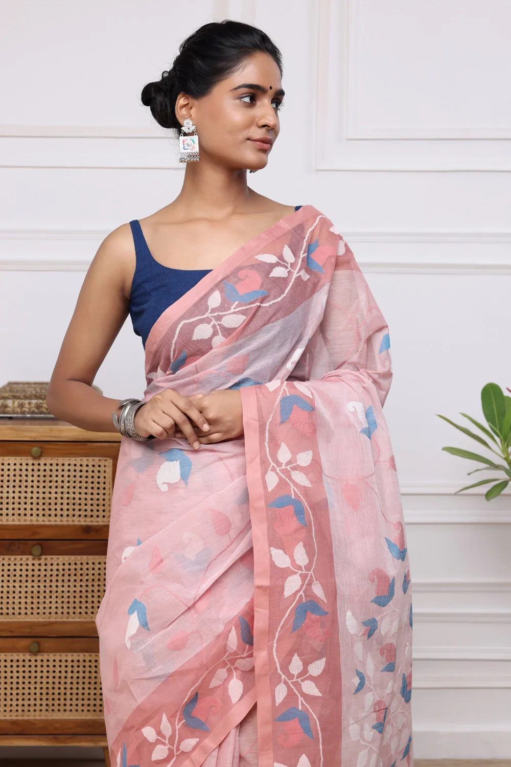 Handloom Rose Pink Pure Cotton Multi Colour Floral Jamdani