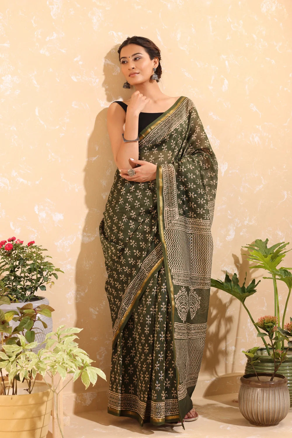 Handloom Basil Green Block Print Chanderi Cotton Saree