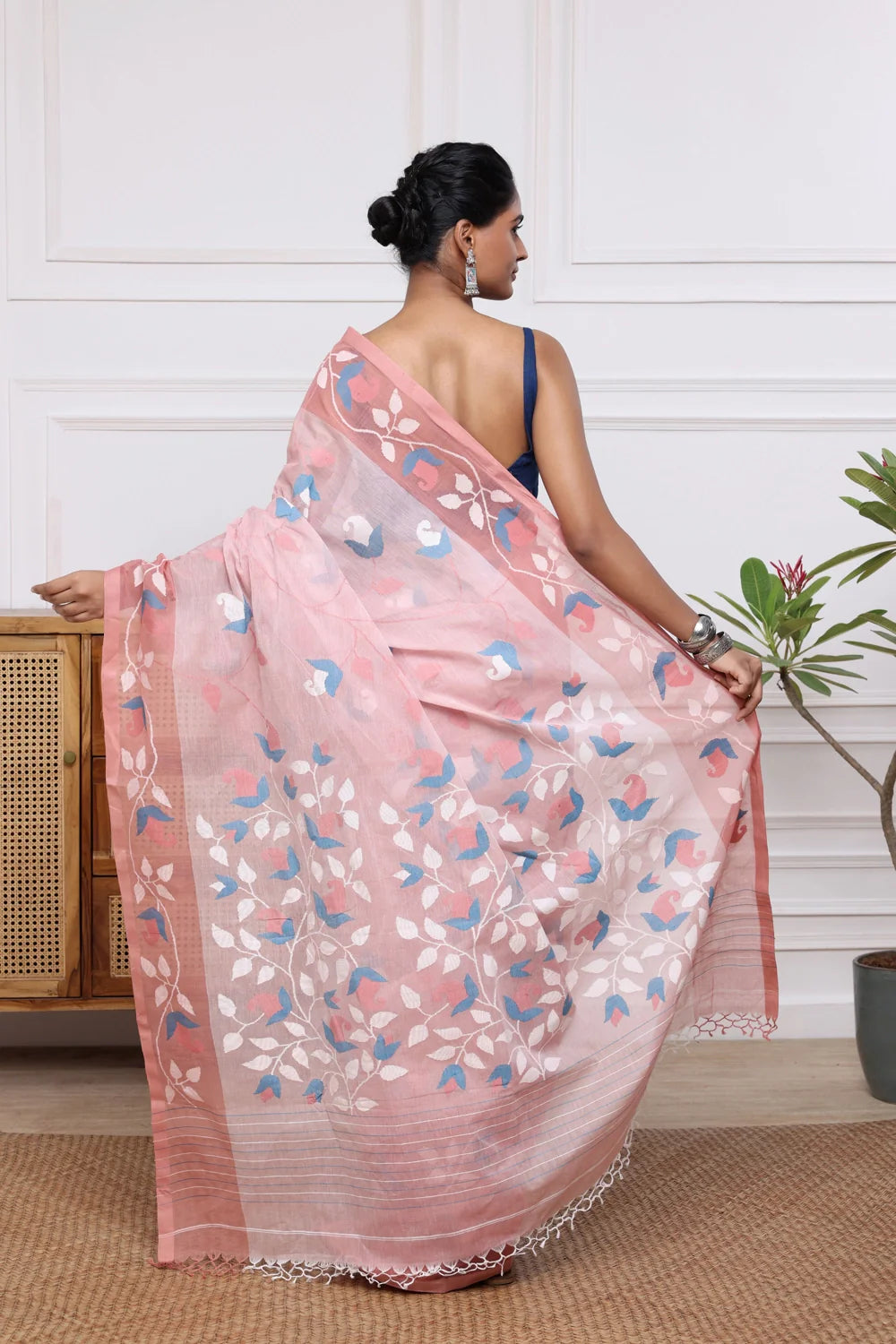 Handloom Rose Pink Pure Cotton Multi Colour Floral Jamdani