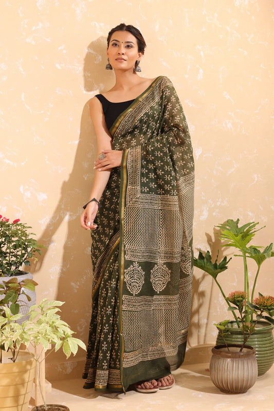 Handloom Basil Green Block Print Chanderi Cotton Saree