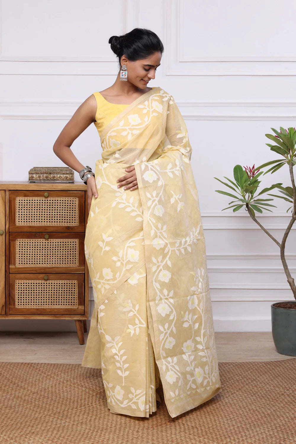 Handloom Banana Yellow Pure Cotton Multi Colour Floral Jamdani