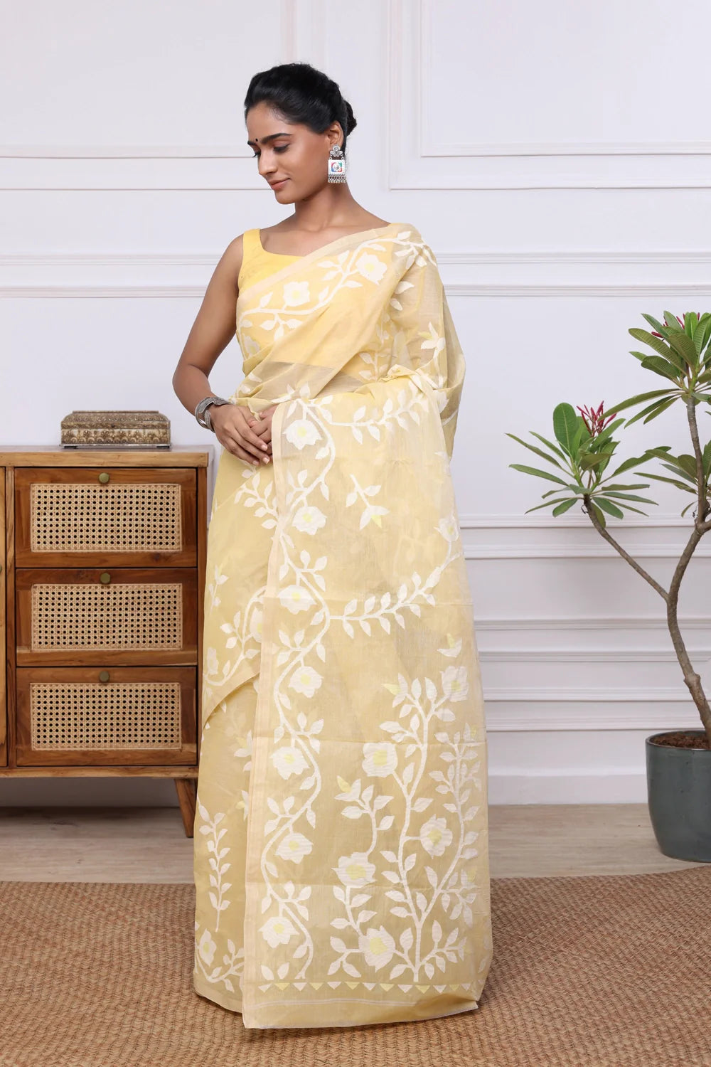 Handloom Banana Yellow Pure Cotton Multi Colour Floral Jamdani