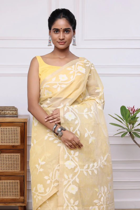 Handloom Banana Yellow Pure Cotton Multi Colour Floral Jamdani