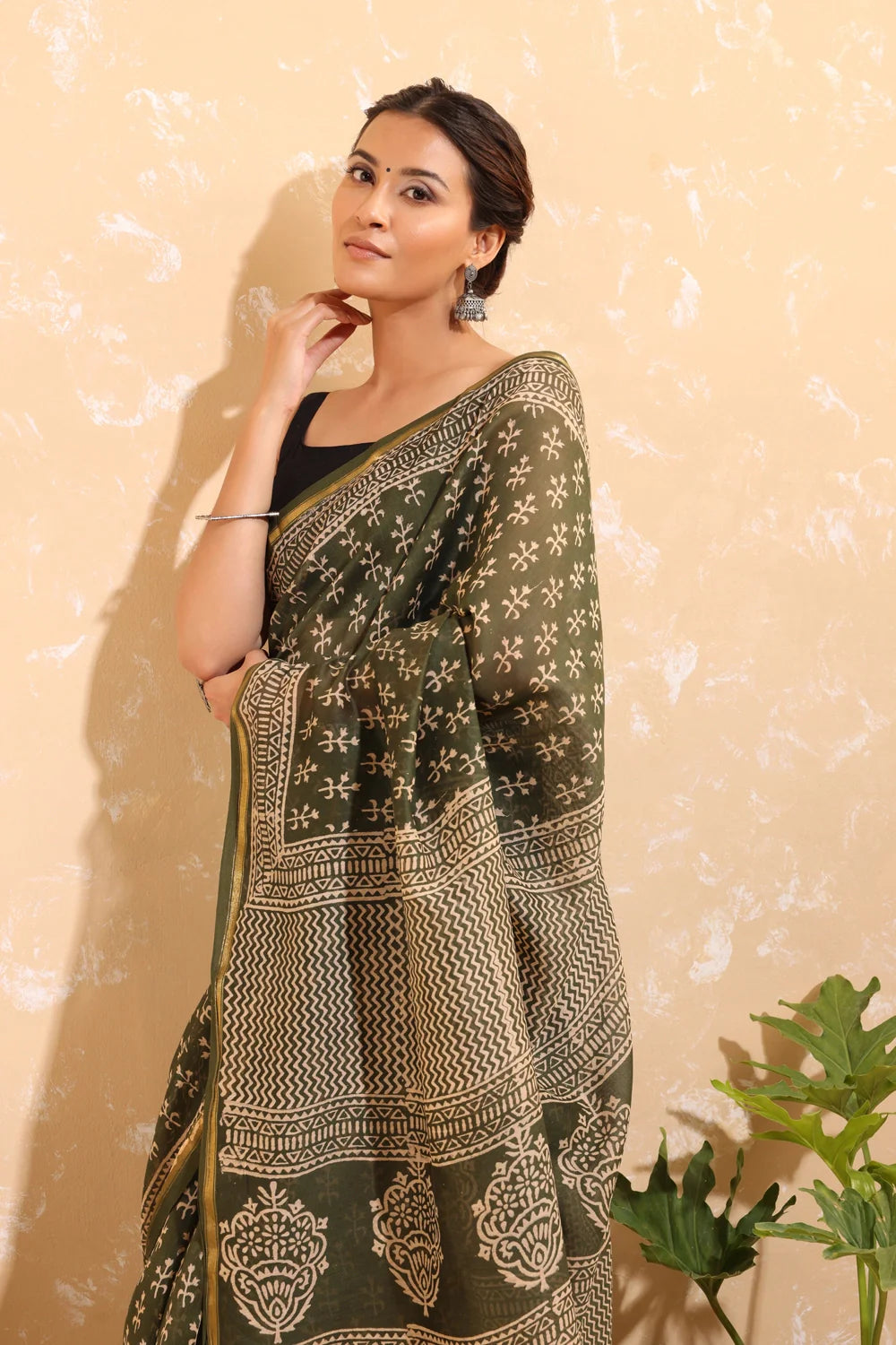 Handloom Basil Green Block Print Chanderi Cotton Saree