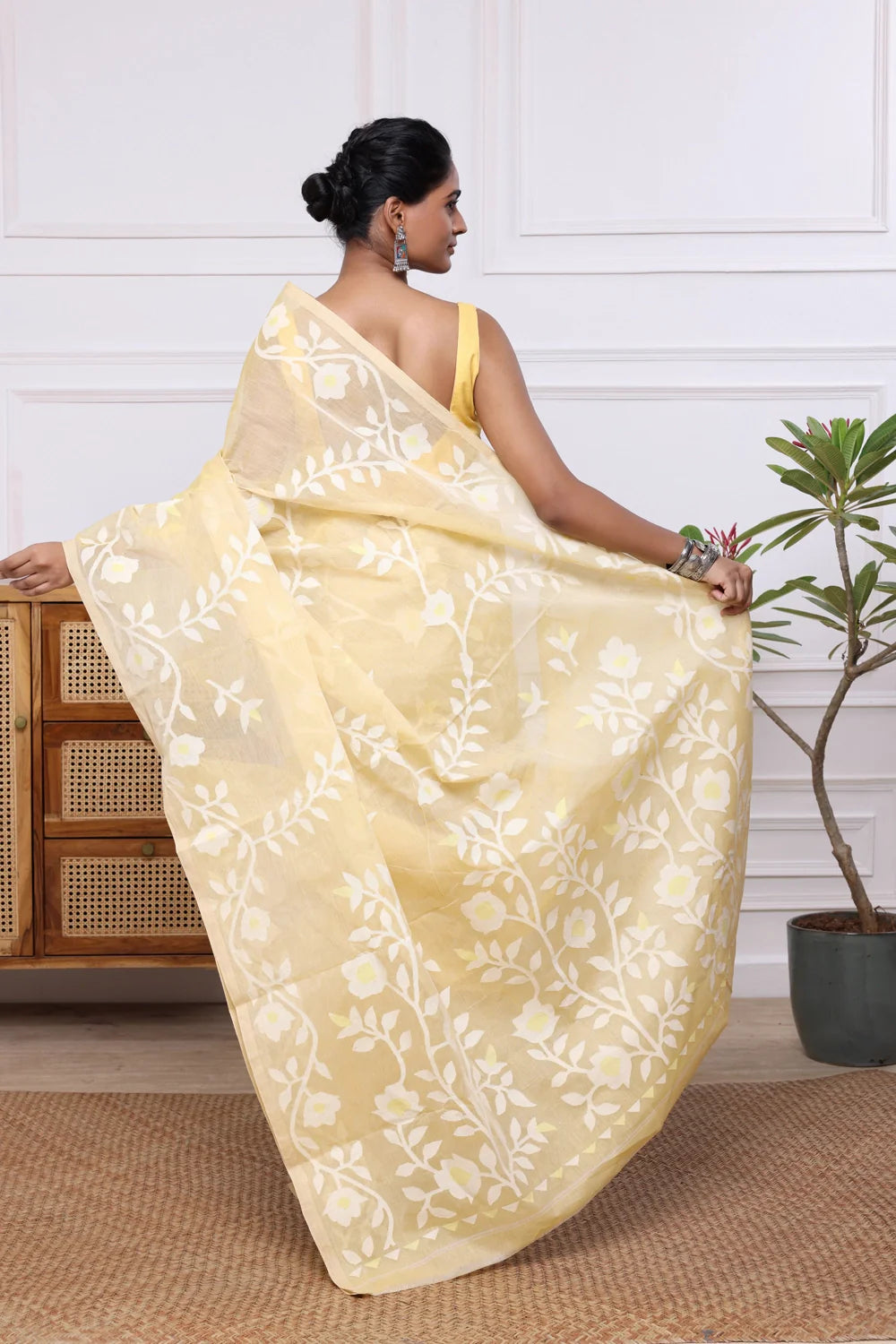 Handloom Banana Yellow Pure Cotton Multi Colour Floral Jamdani