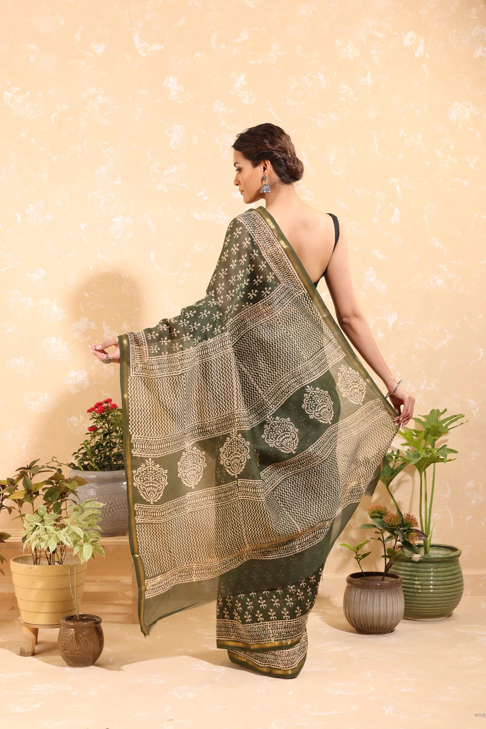 Handloom Basil Green Block Print Chanderi Cotton Saree