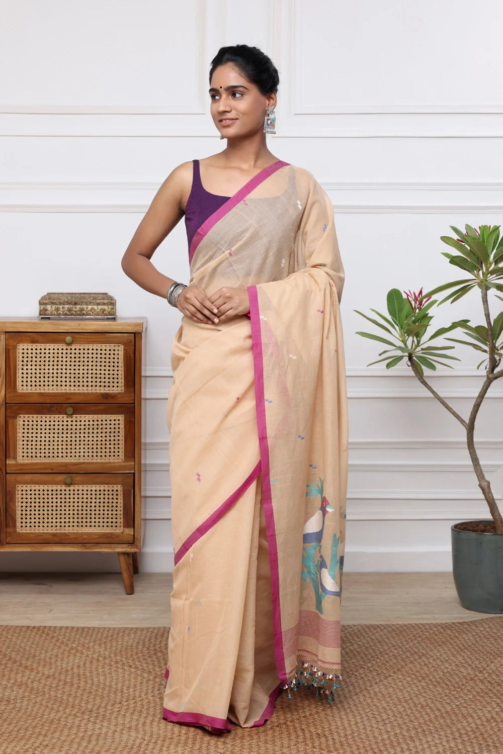 Handloom Tan Brown Soft Cotton Jamdani Saree with Multi Colour Bird Motifs