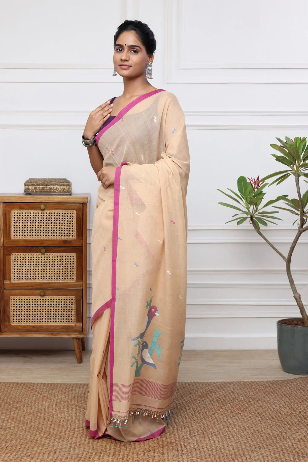 Handloom Tan Brown Soft Cotton Jamdani Saree with Multi Colour Bird Motifs