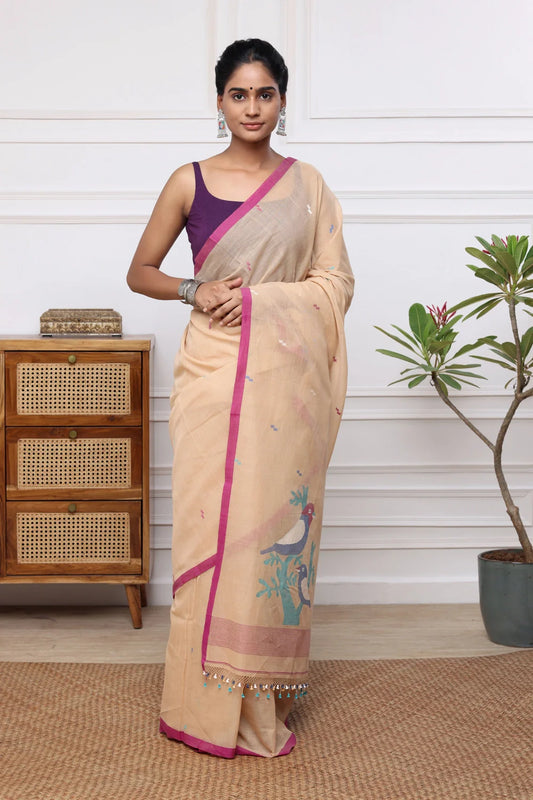 Handloom Tan Brown Soft Cotton Jamdani Saree with Multi Colour Bird Motifs